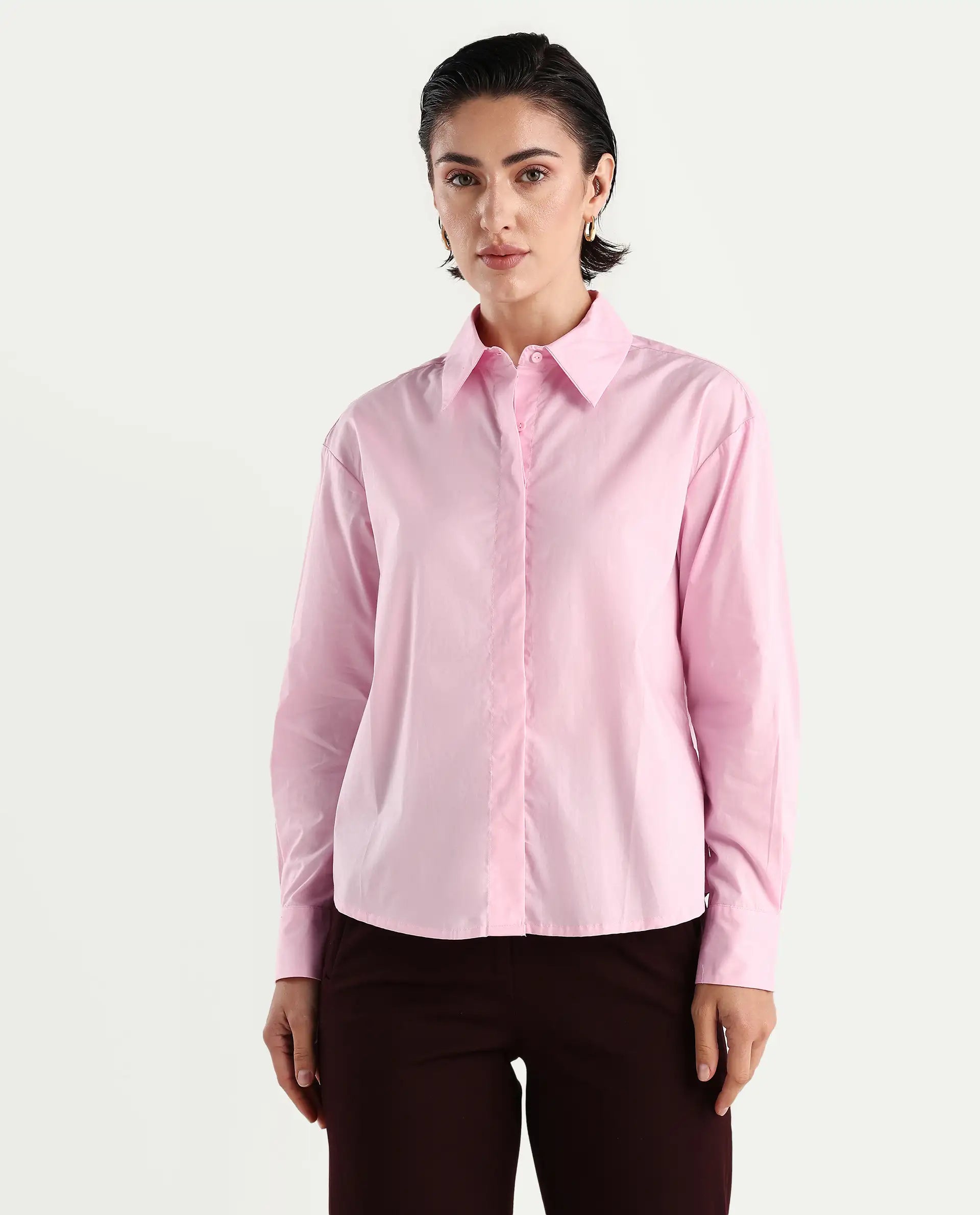 Rareism Women's Fuhu Pink Cotton Drop Collar Plain Cuffed Sleeve Regular Fit Shirt