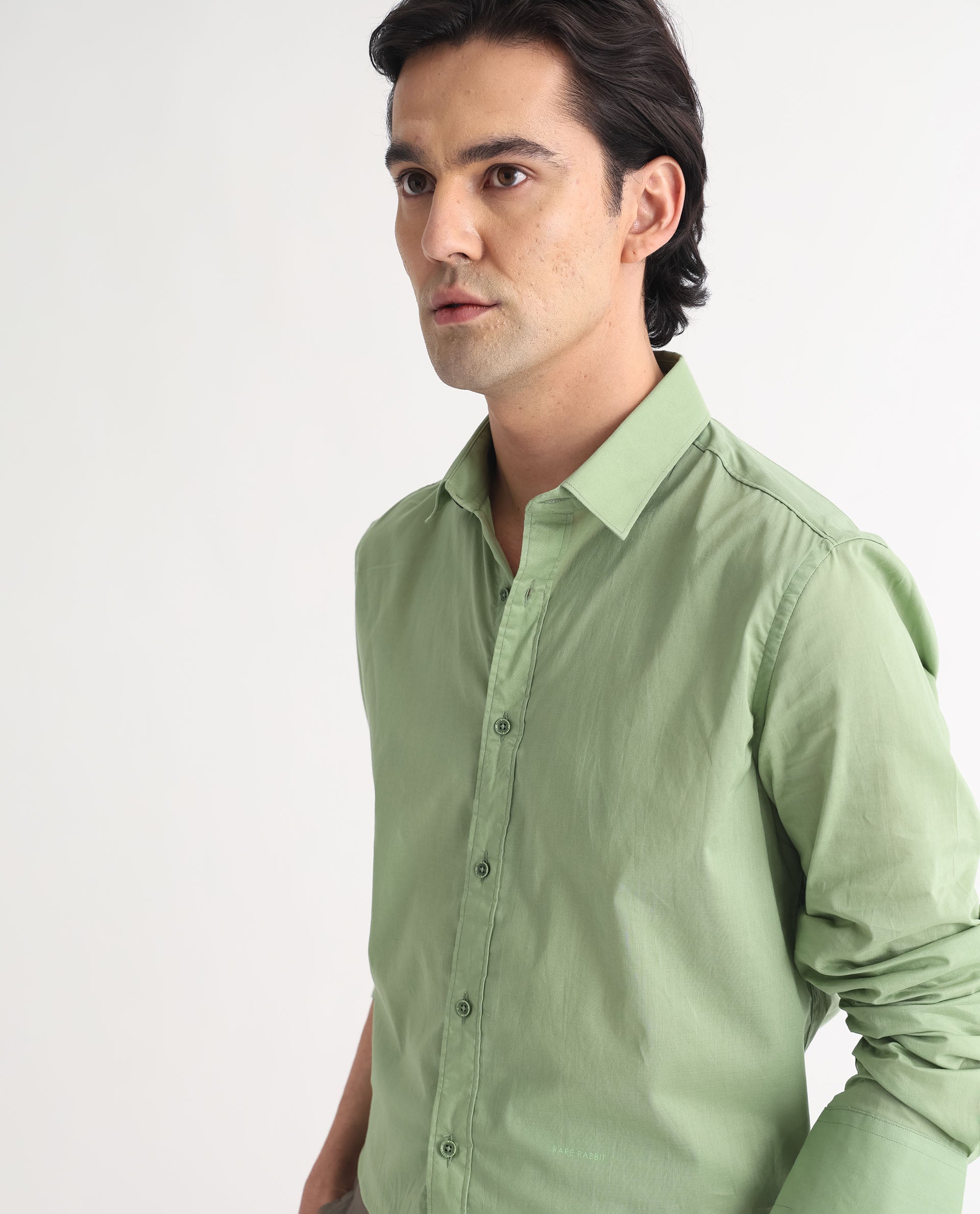 Rare Rabbit Men's Fullslee Green Cotton Fabric Full Sleeves Solid Shirt