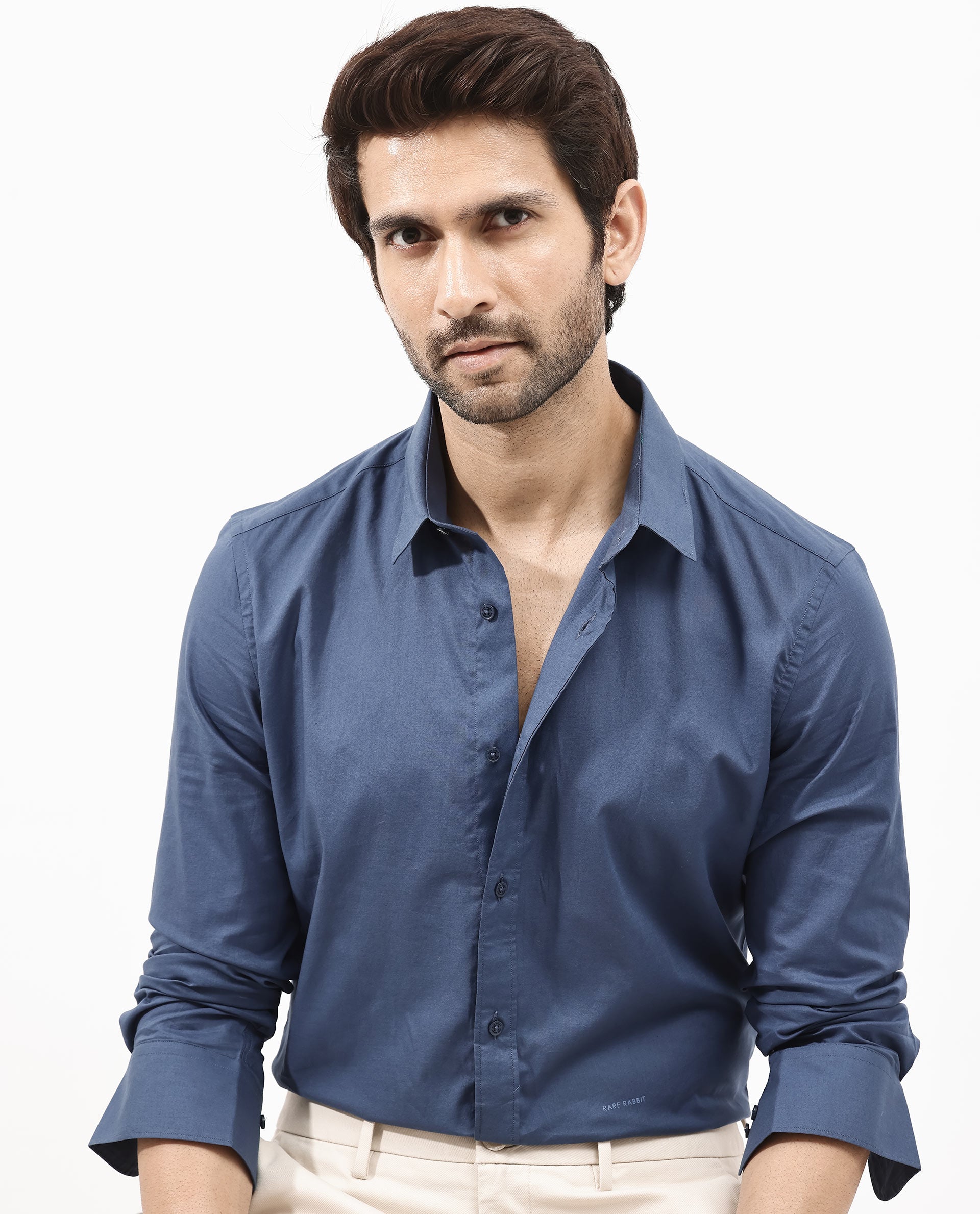 Rare Rabbit Men's Fullsleen Dark Blue Cotton Fabric Full Sleeves Collared Neck Regular Fit Solid Shirt