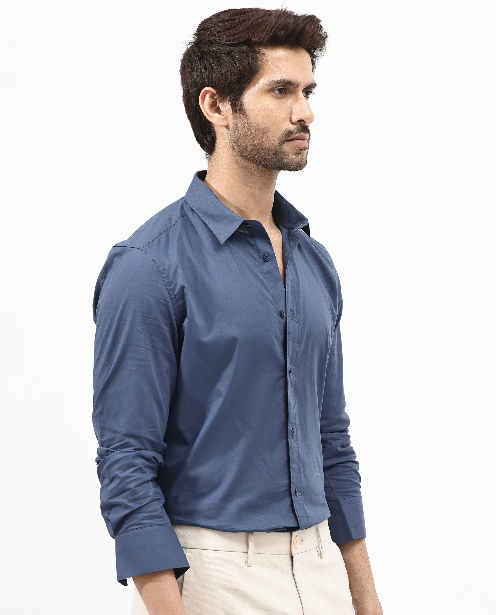 Rare Rabbit Men's Fullsleen Dark Blue Cotton Fabric Full Sleeves Collared Neck Regular Fit Solid Shirt