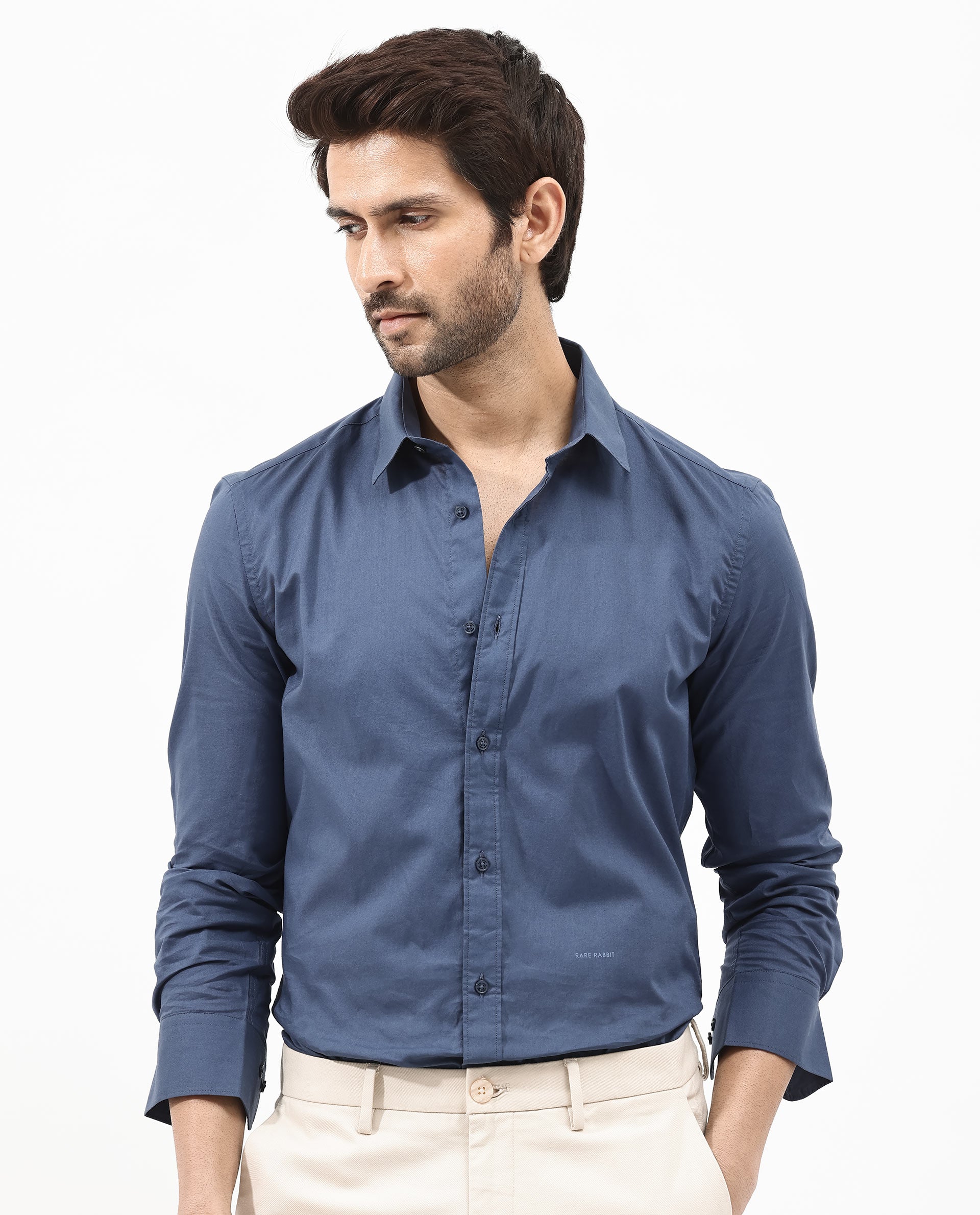 Rare Rabbit Men's Fullsleen Dark Blue Cotton Fabric Full Sleeves Collared Neck Regular Fit Solid Shirt