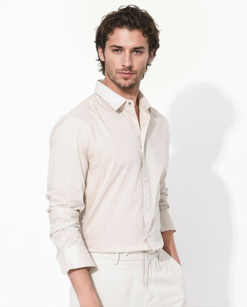 Rare Rabbit Men Dalin Beige Full Sleeve Melange Linen Fabric Regular Fit Plain Shirt main image 1
