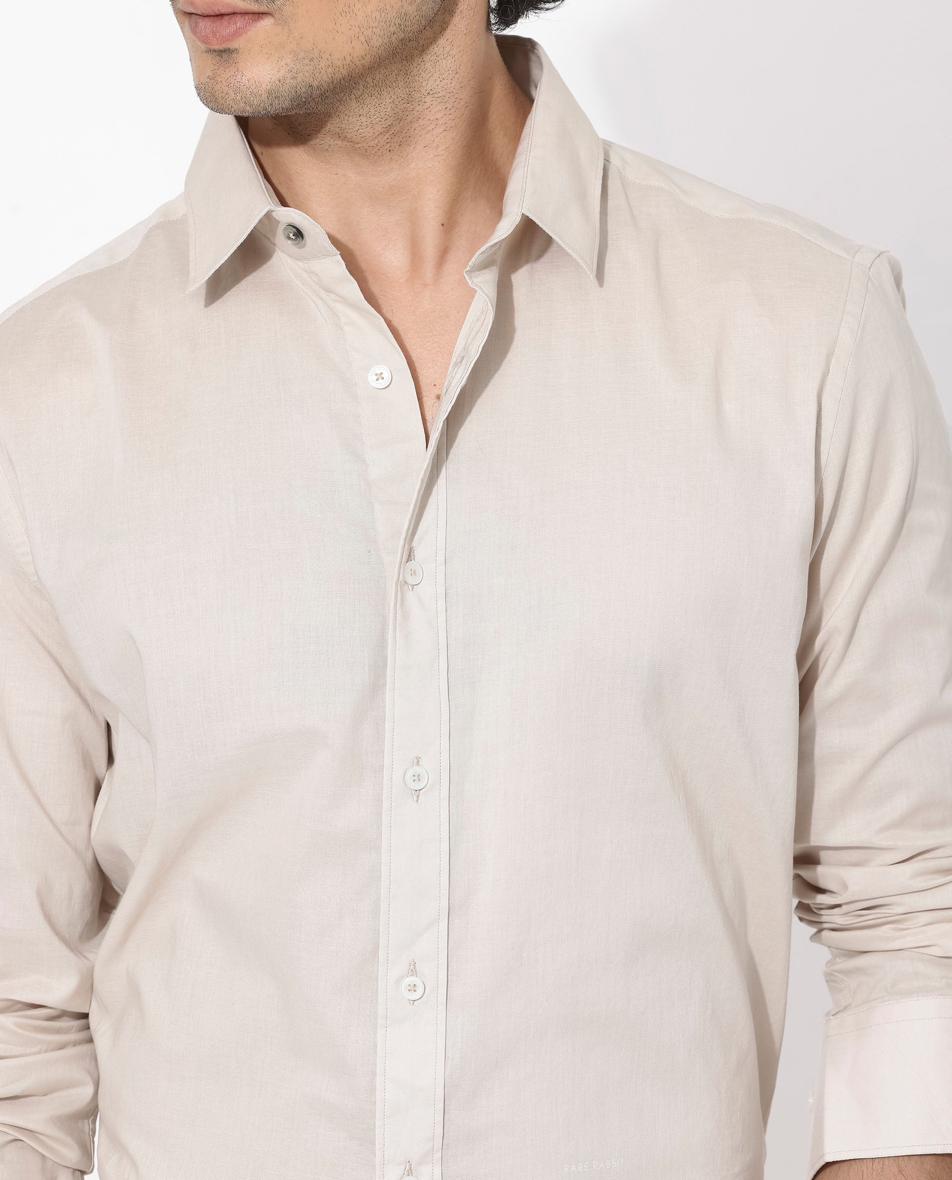 Rare Rabbit Men's Fullsleen Beige Cotton Fabric Full Sleeves Collared Neck Regular Fit Solid Shirt