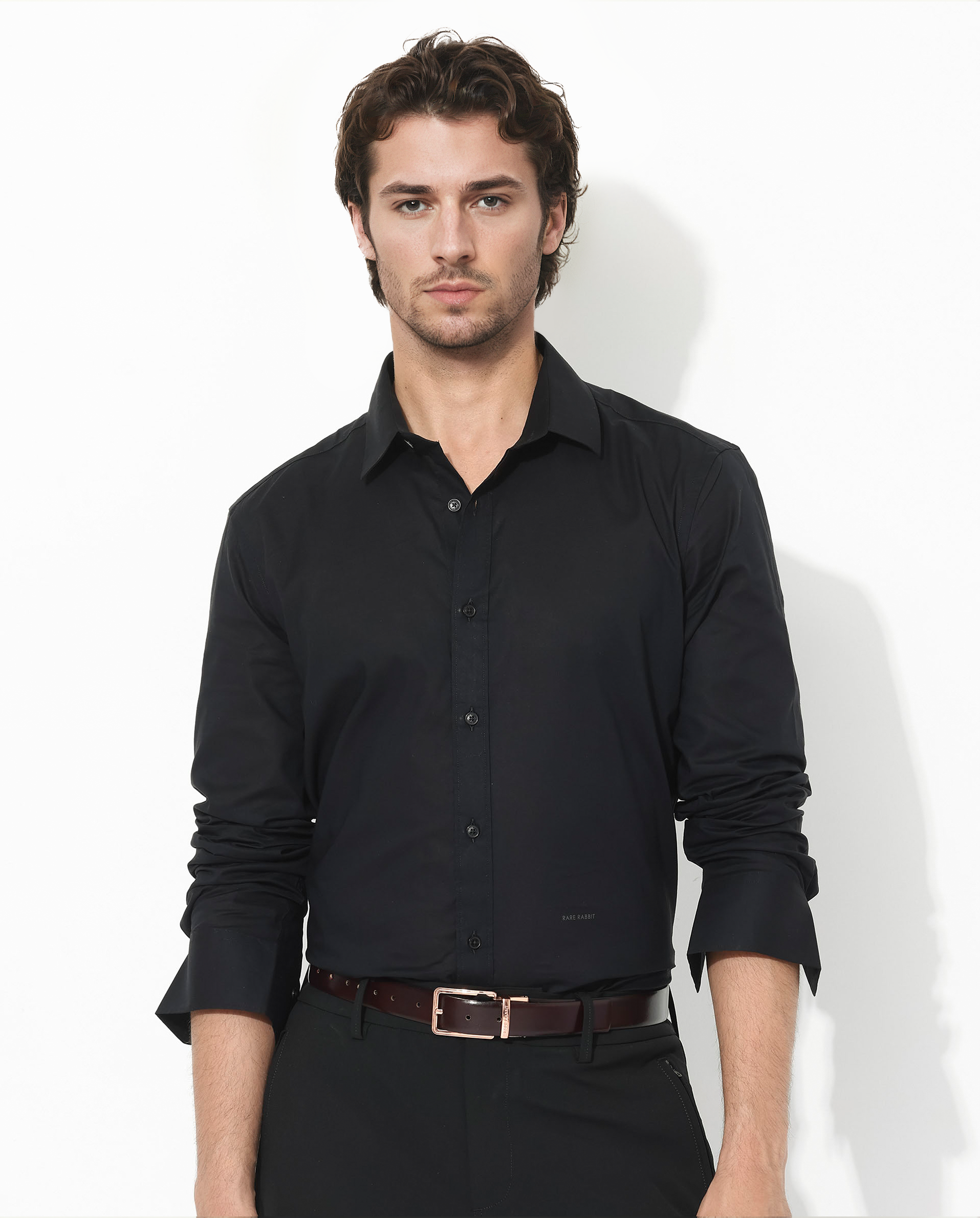 Rare Rabbit Men's Fullsleen Black Cotton Fabric Full Sleeves Collared Neck Regular Fit Solid Shirt