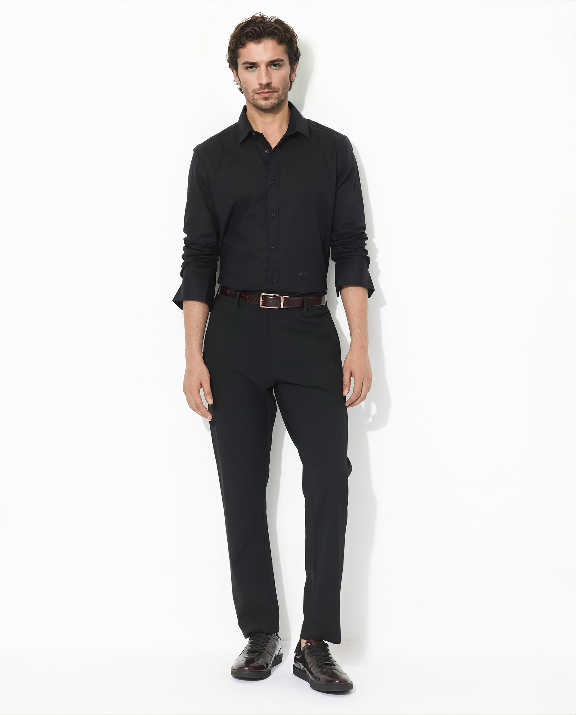 Rare Rabbit Men's Fullsleen Black Cotton Fabric Full Sleeves Collared Neck Regular Fit Solid Shirt