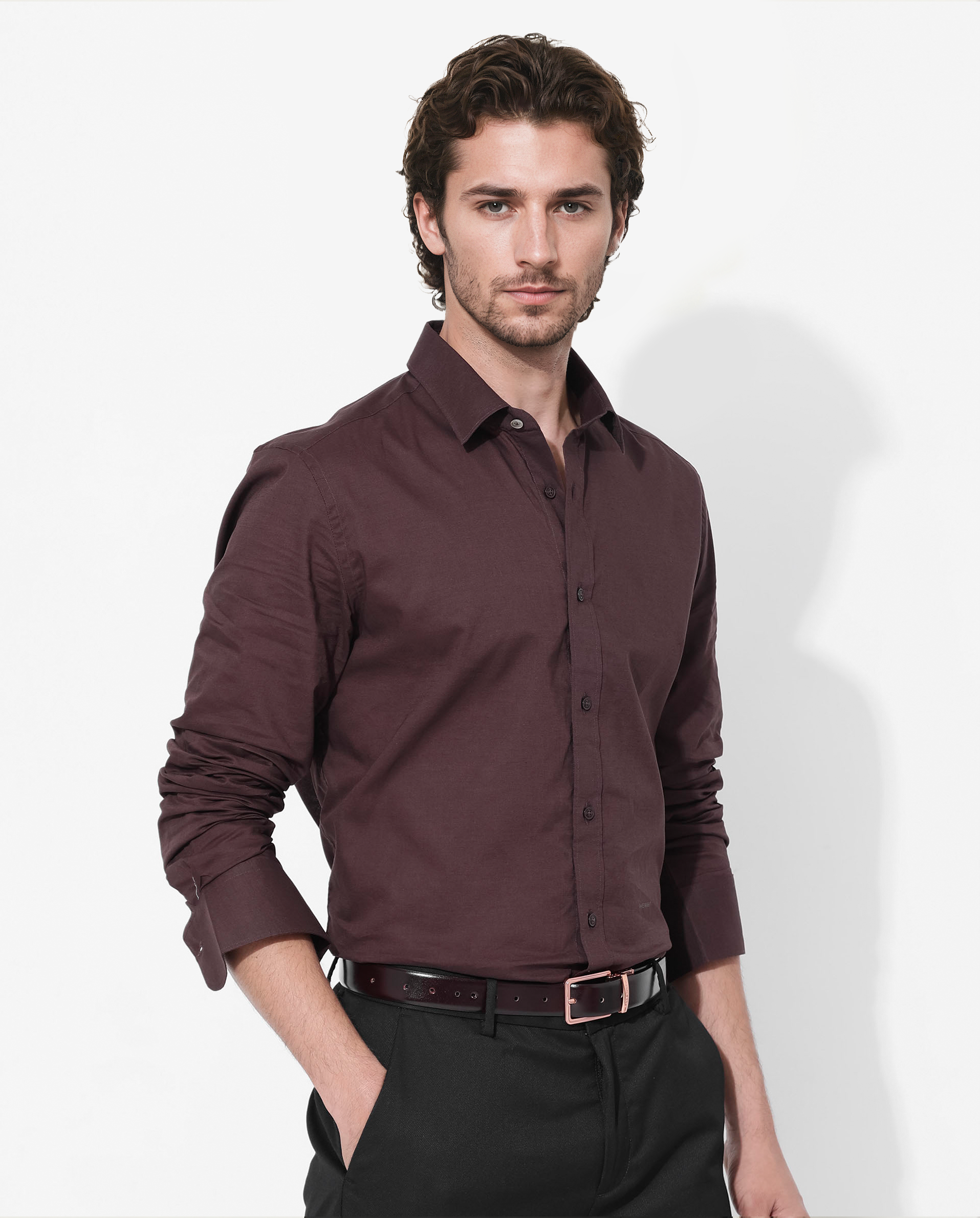 Rare Rabbit Men's Fullsleen Brown Cotton Fabric Full Sleeves Collared Neck Regular Fit Solid Shirt