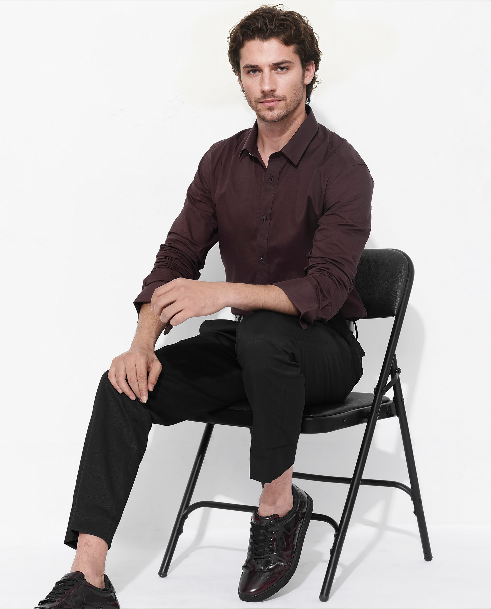 Rare Rabbit Men's Fullsleen Brown Cotton Fabric Full Sleeves Collared Neck Regular Fit Solid Shirt