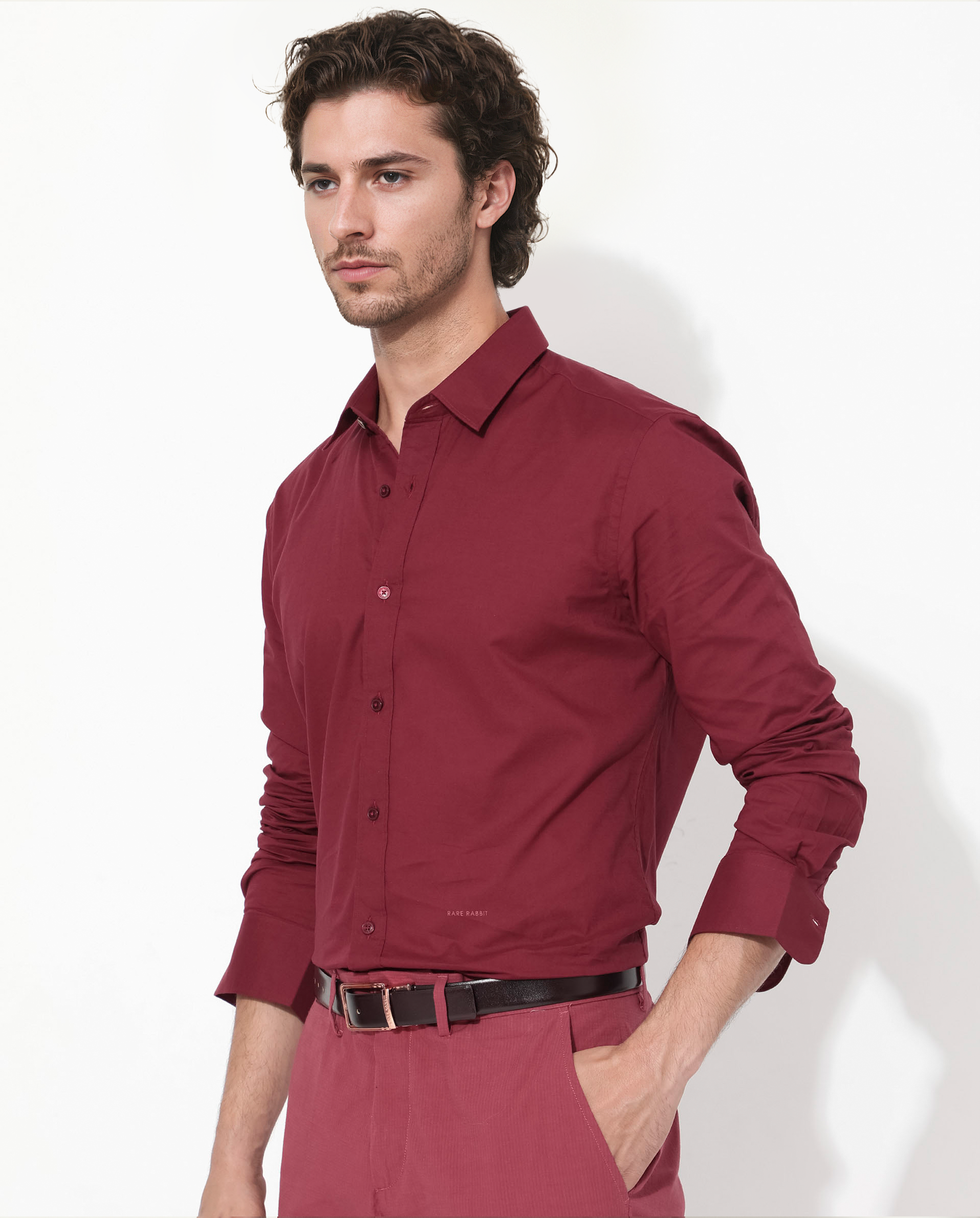 Rare Rabbit Men's Fullsleen Dark Red Cotton Fabric Full Sleeves Collared Neck Regular Fit Solid Shirt