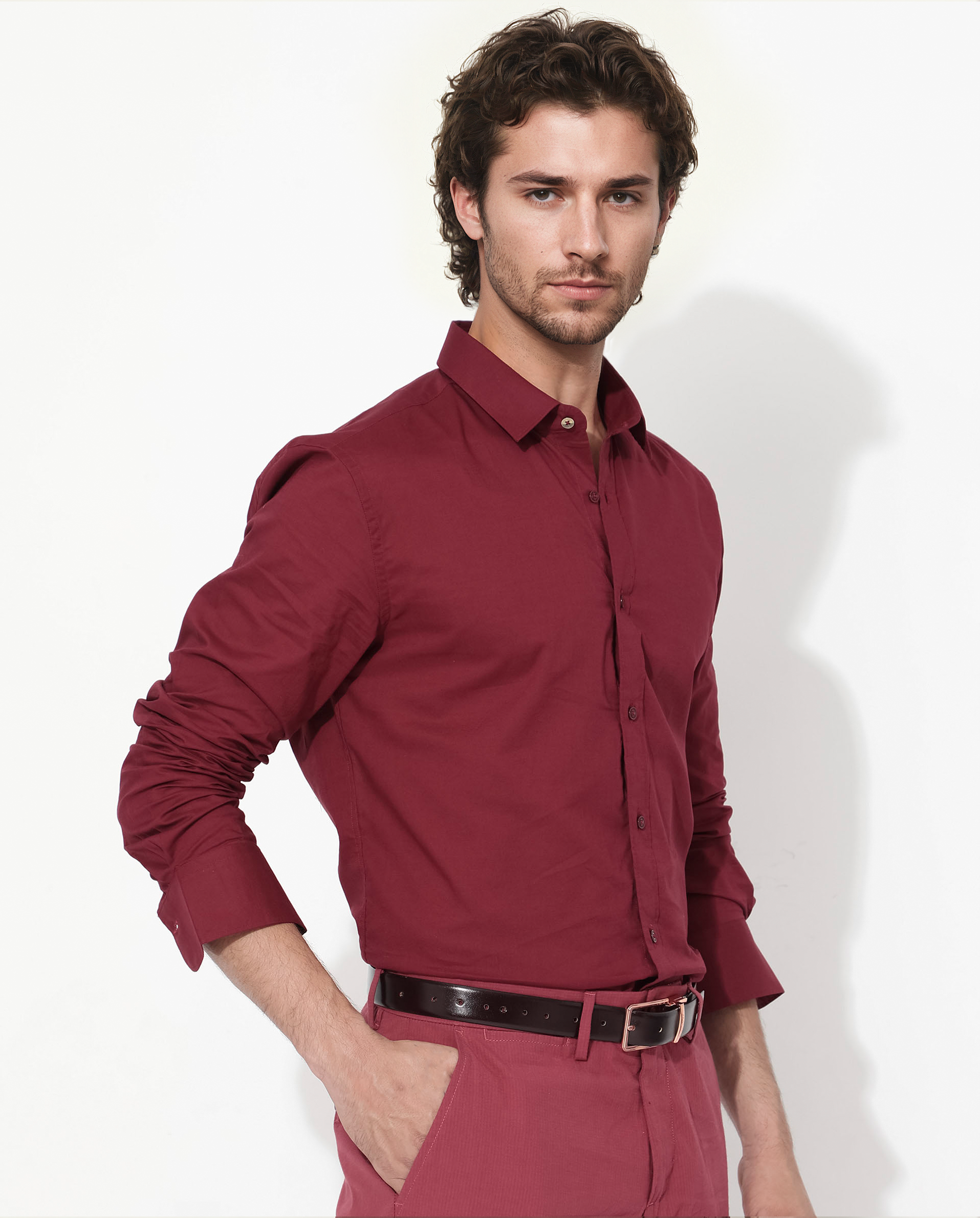 Rare Rabbit Men's Fullsleen Dark Red Cotton Fabric Full Sleeves Collared Neck Regular Fit Solid Shirt