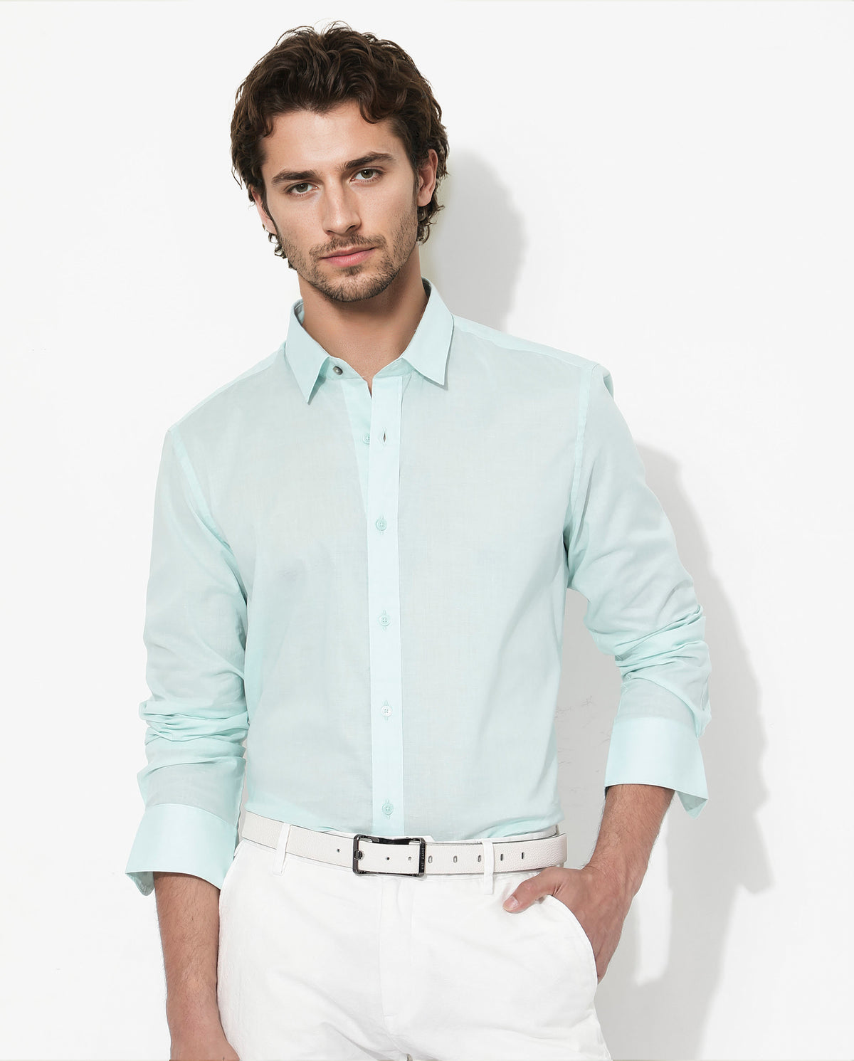 Rare Rabbit Men's Fullsleen Pastel Turq Cotton Fabric Full Sleeves Collared Neck Regular Fit Solid Shirt