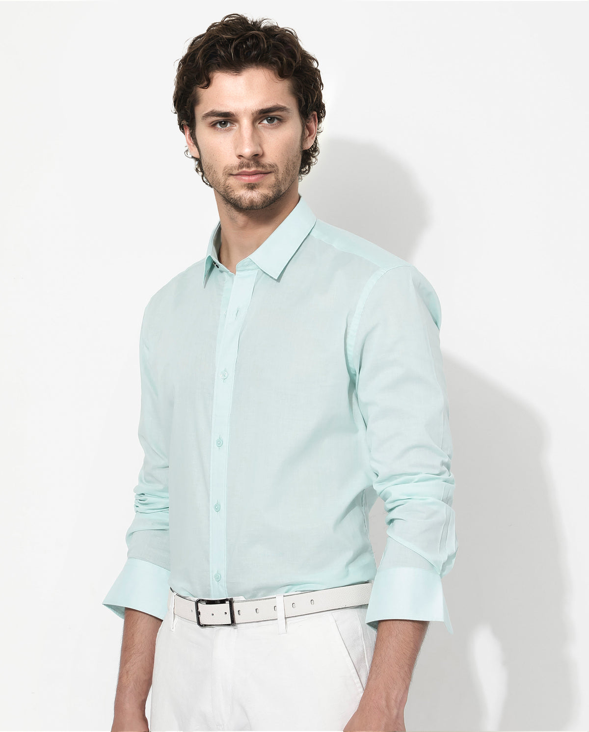 Rare Rabbit Men's Fullsleen Pastel Turq Cotton Fabric Full Sleeves Collared Neck Regular Fit Solid Shirt