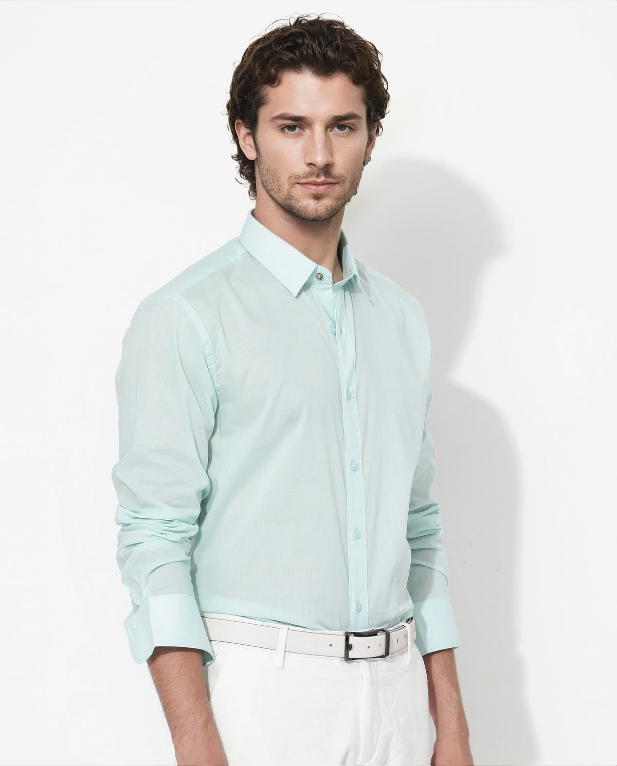 Rare Rabbit Men's Fullsleen Pastel Turq Cotton Fabric Full Sleeves Collared Neck Regular Fit Solid Shirt