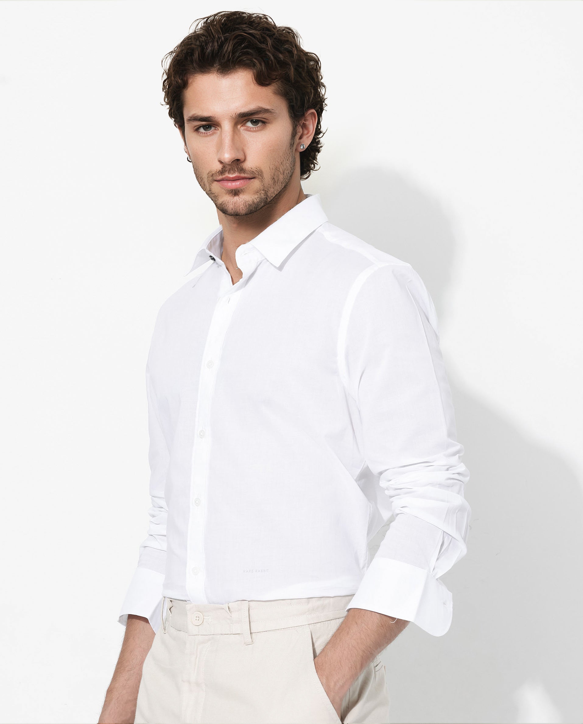 Rare Rabbit Men's Fullsleen White Cotton Fabric Full Sleeves Collared Neck Regular Fit Solid Shirt
