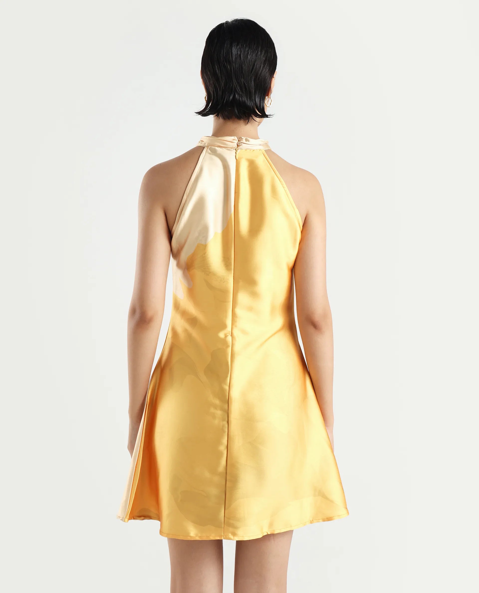 Rareism Women's Fumero Yellow Polyester Halter Neck Floral Print Sleeveless Mini Straight Fit Dress