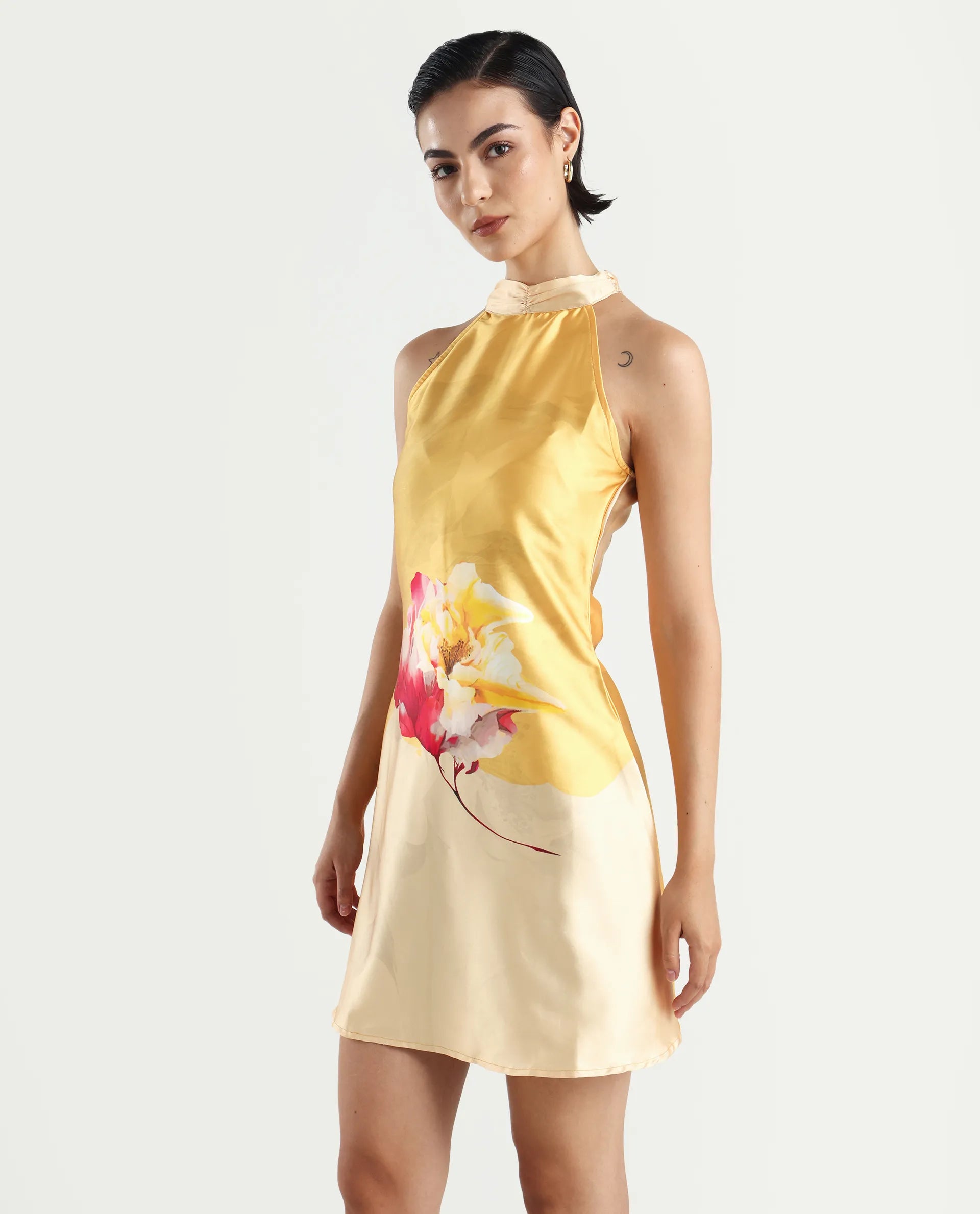 Rareism Women's Fumero Yellow Polyester Halter Neck Floral Print Sleeveless Mini Straight Fit Dress