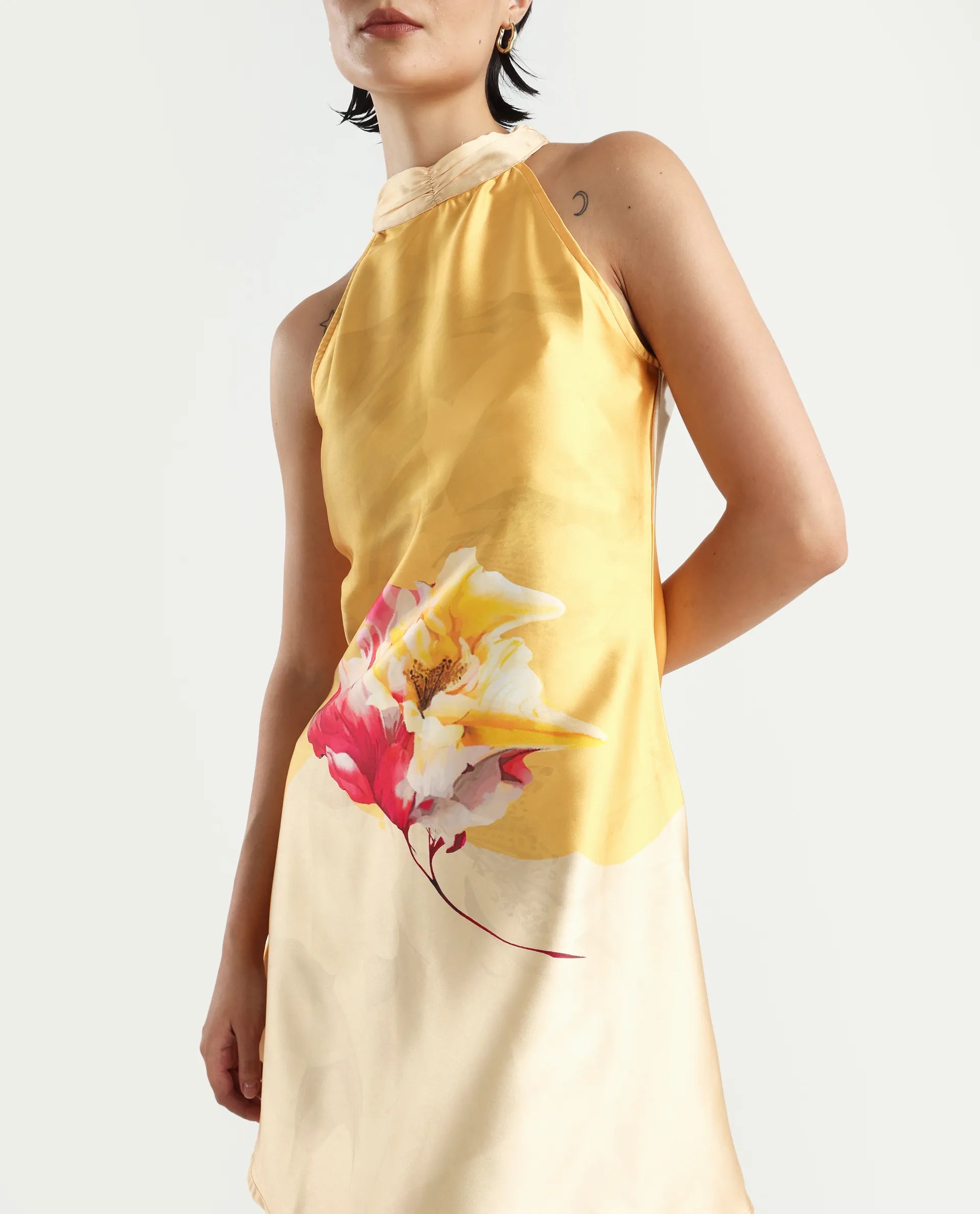 Rareism Women's Fumero Yellow Polyester Halter Neck Floral Print Sleeveless Mini Straight Fit Dress