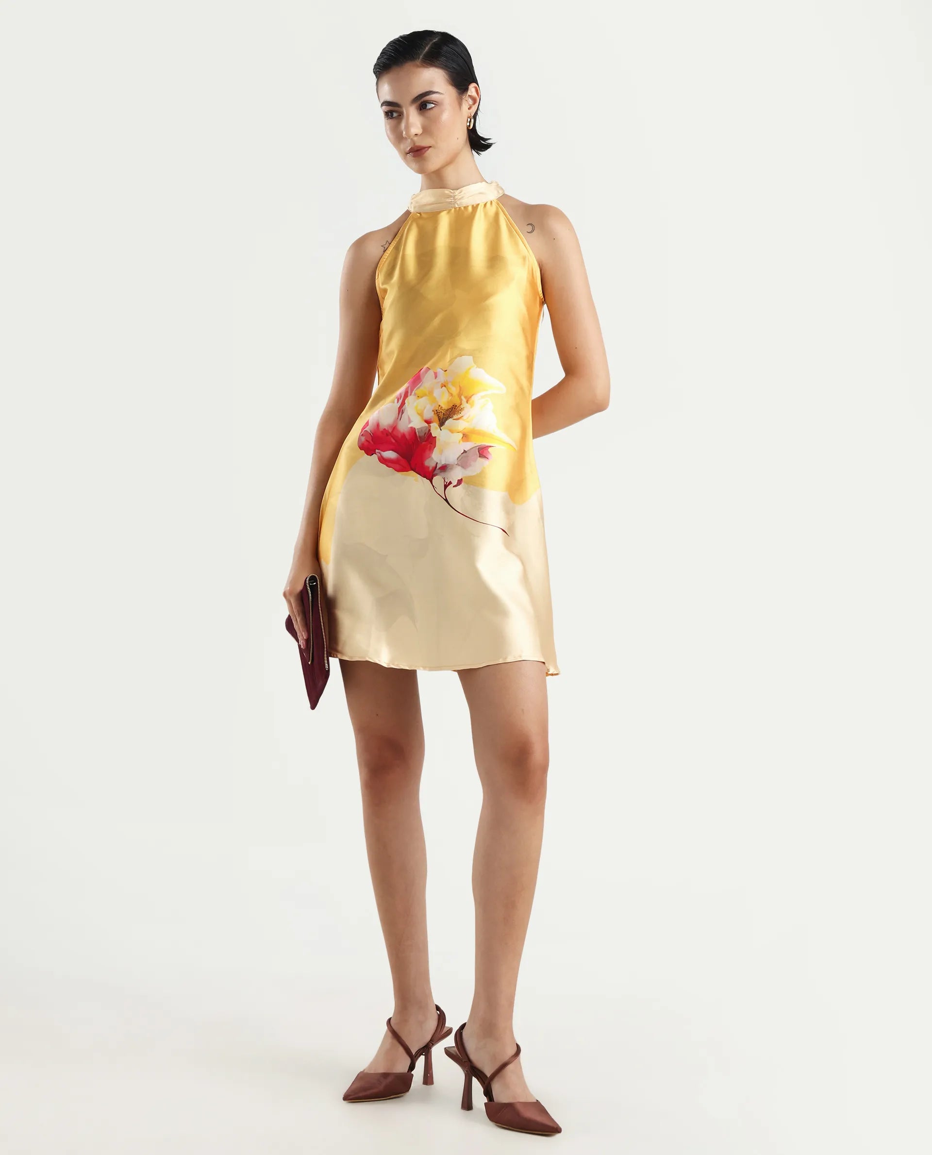 Rareism Women's Fumero Yellow Polyester Halter Neck Floral Print Sleeveless Mini Straight Fit Dress