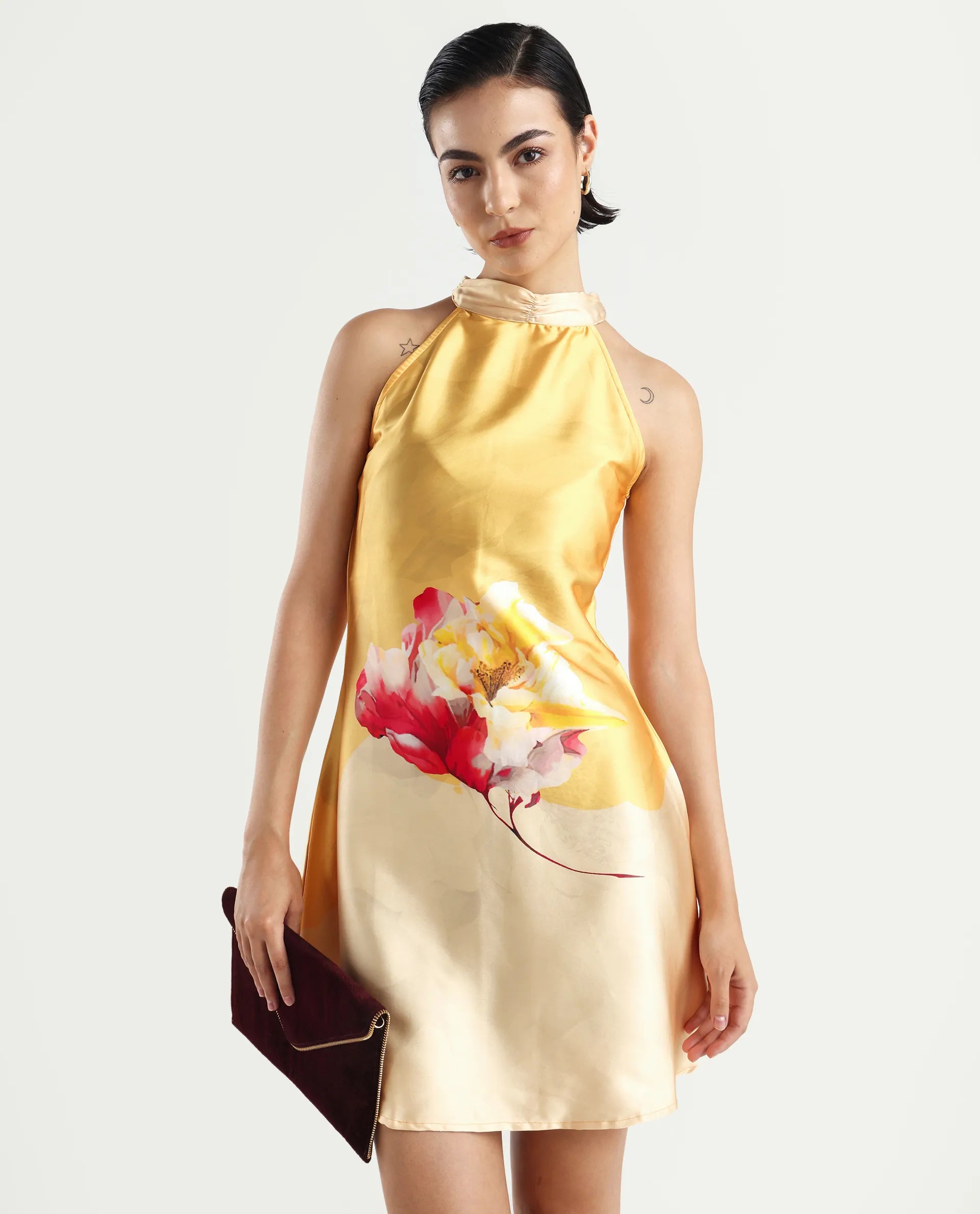 Rareism Women's Fumero Yellow Polyester Halter Neck Floral Print Sleeveless Mini Straight Fit Dress