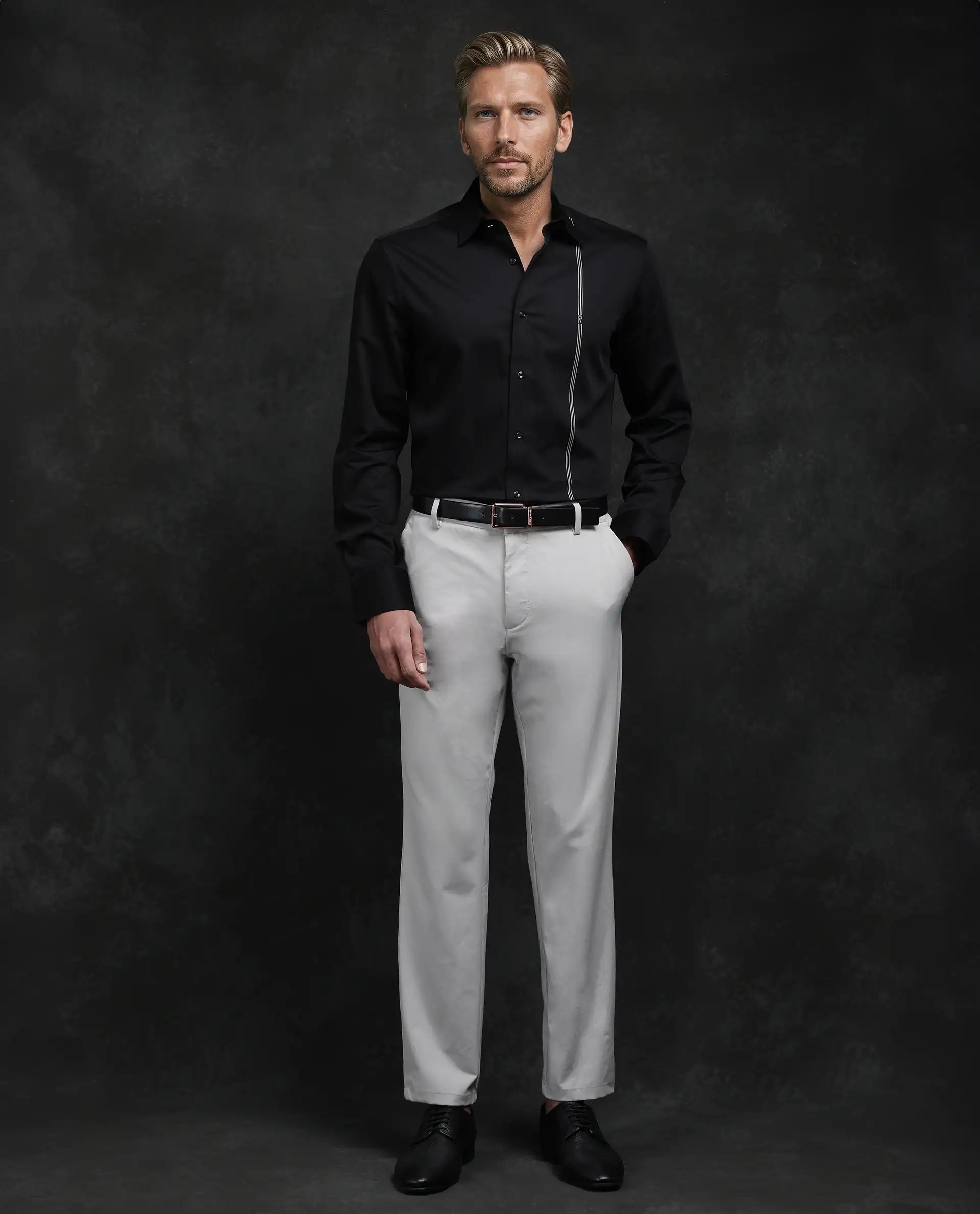 Rare Rabbit Men's Fump Black Cotton Jacquard Regular Fit Full Sleeve Collared Shirt