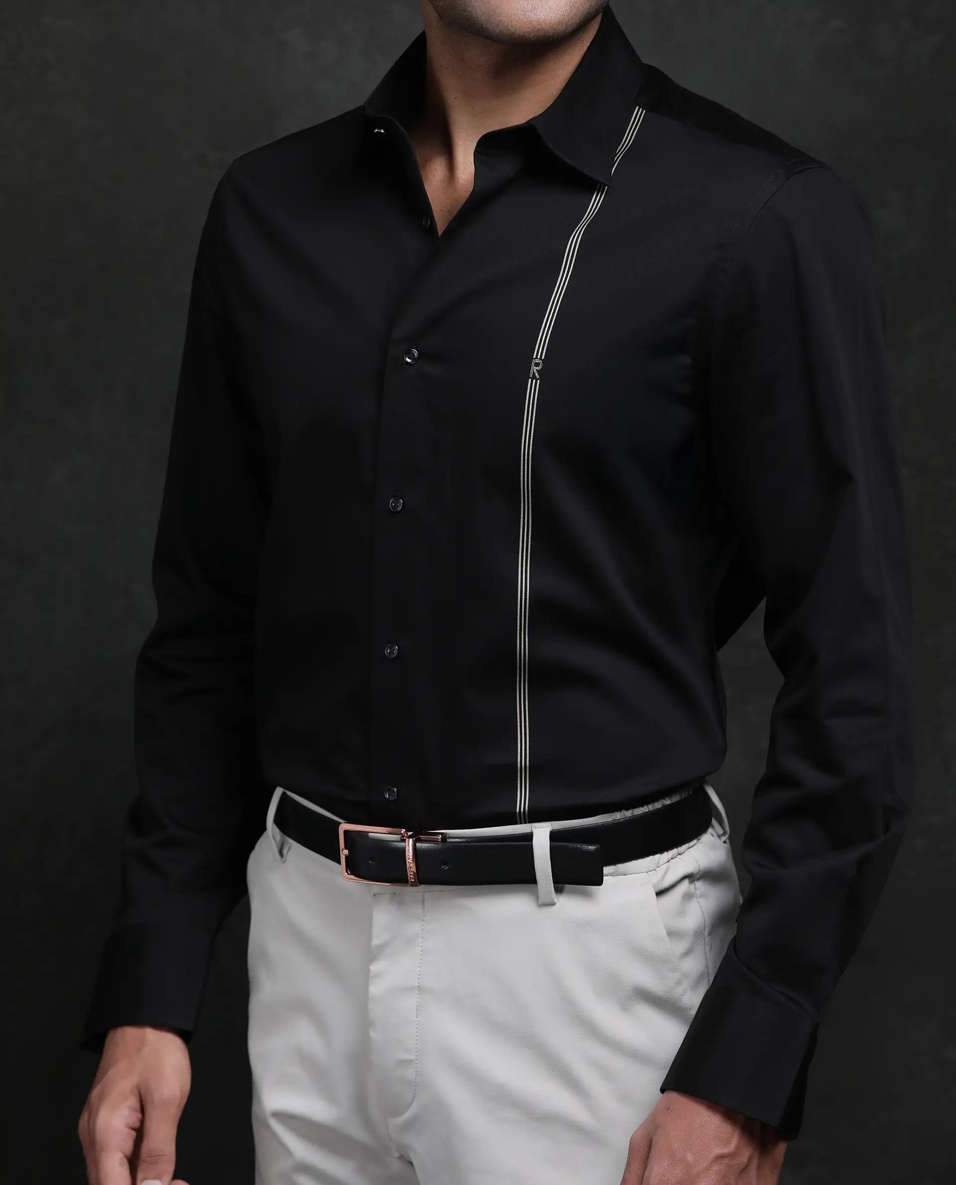 Rare Rabbit Men's Fump Black Cotton Jacquard Regular Fit Full Sleeve Collared Shirt