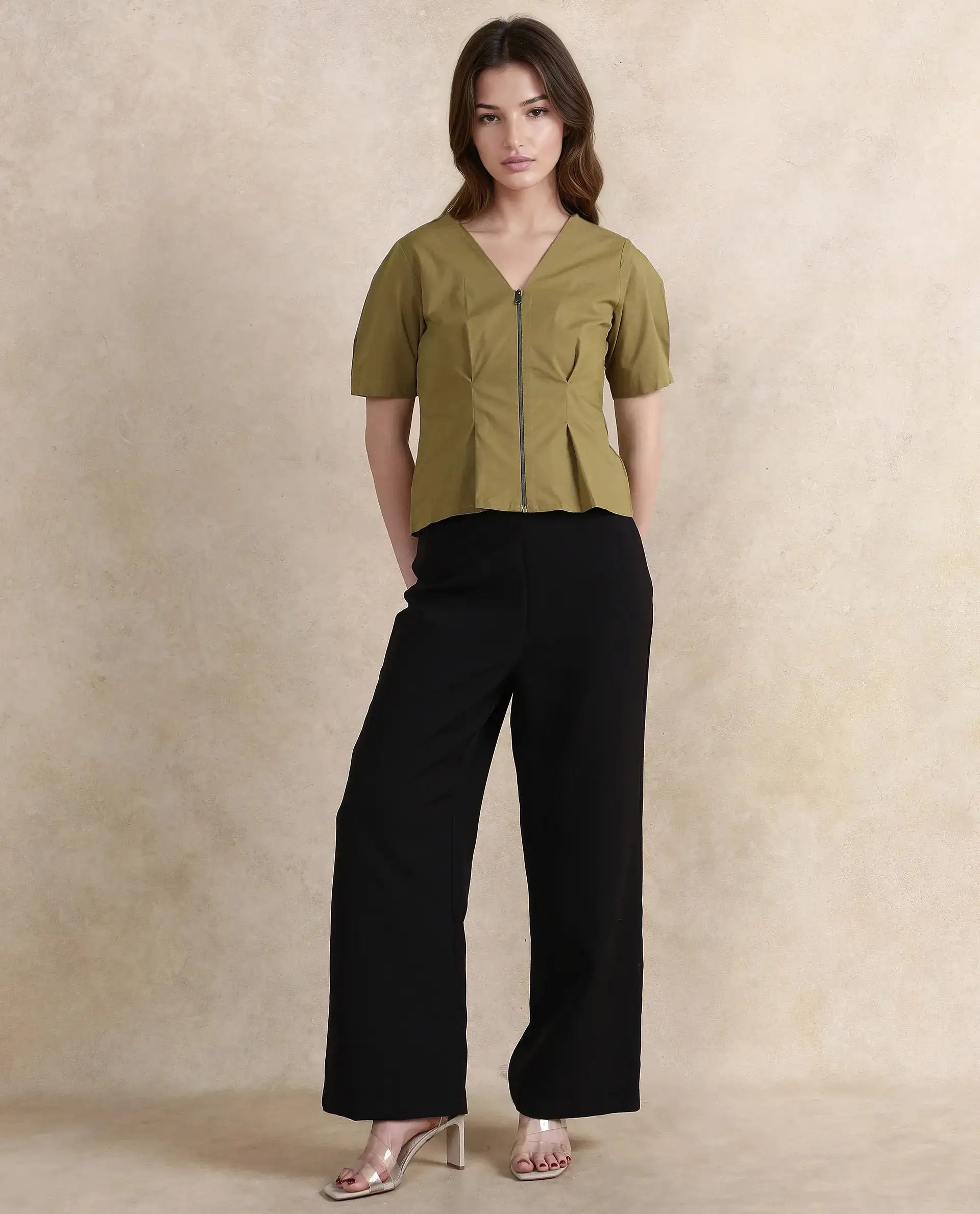 Rareism Women Funit Dusky Olive Cotton Fabric Fashion Sleeve V-Neck Zipper Closure Cropped Plain Top