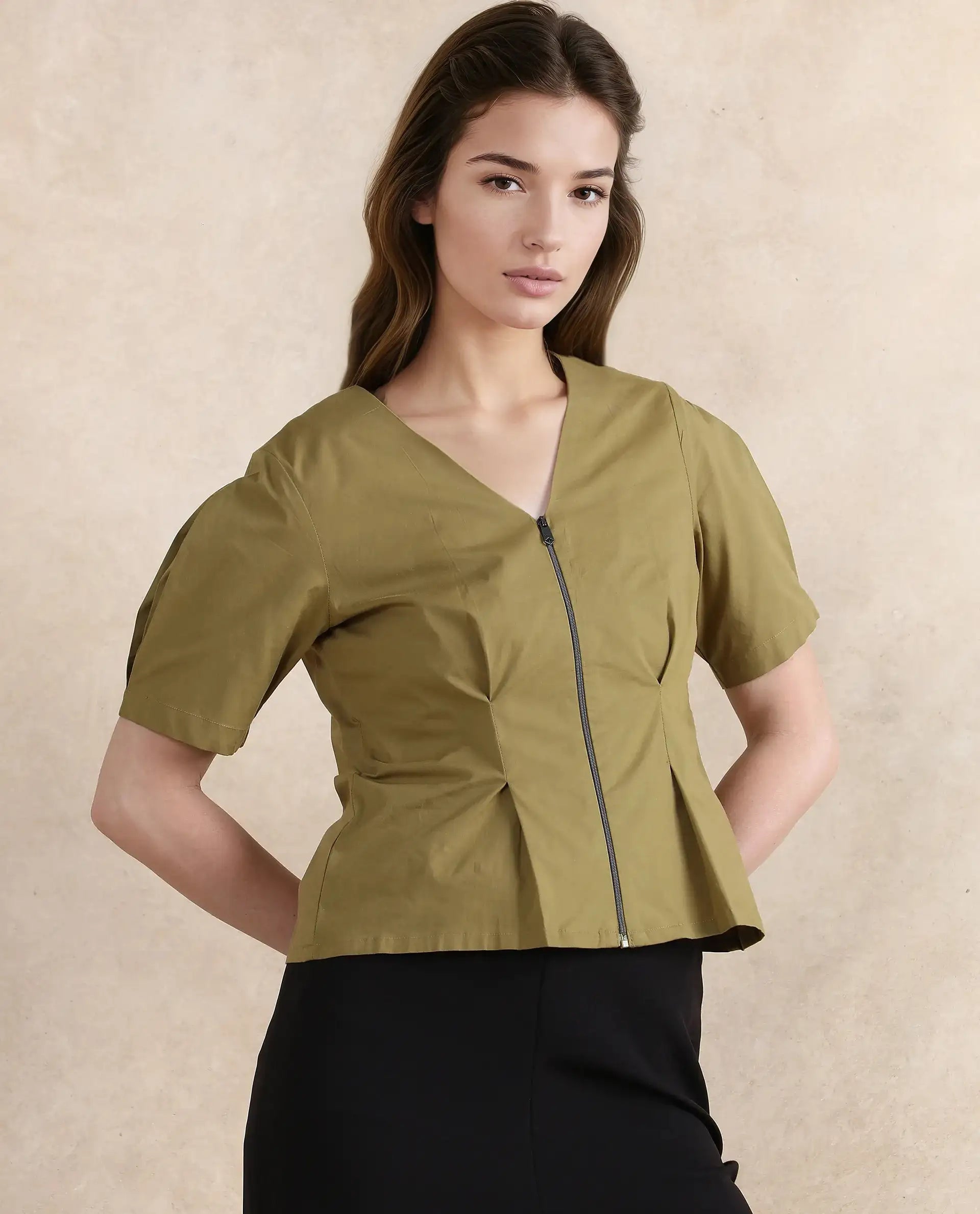 Rareism Women Funit Dusky Olive Cotton Fabric Fashion Sleeve V-Neck Zipper Closure Cropped Plain Top