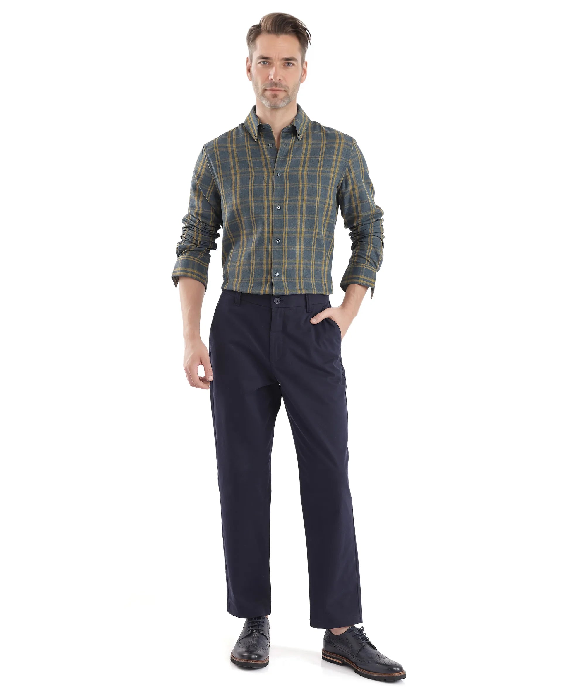 Rare Rabbit Men's Funto Dark Blue Cotton Fabric Full Sleeve Regular Fit Checks Shirt