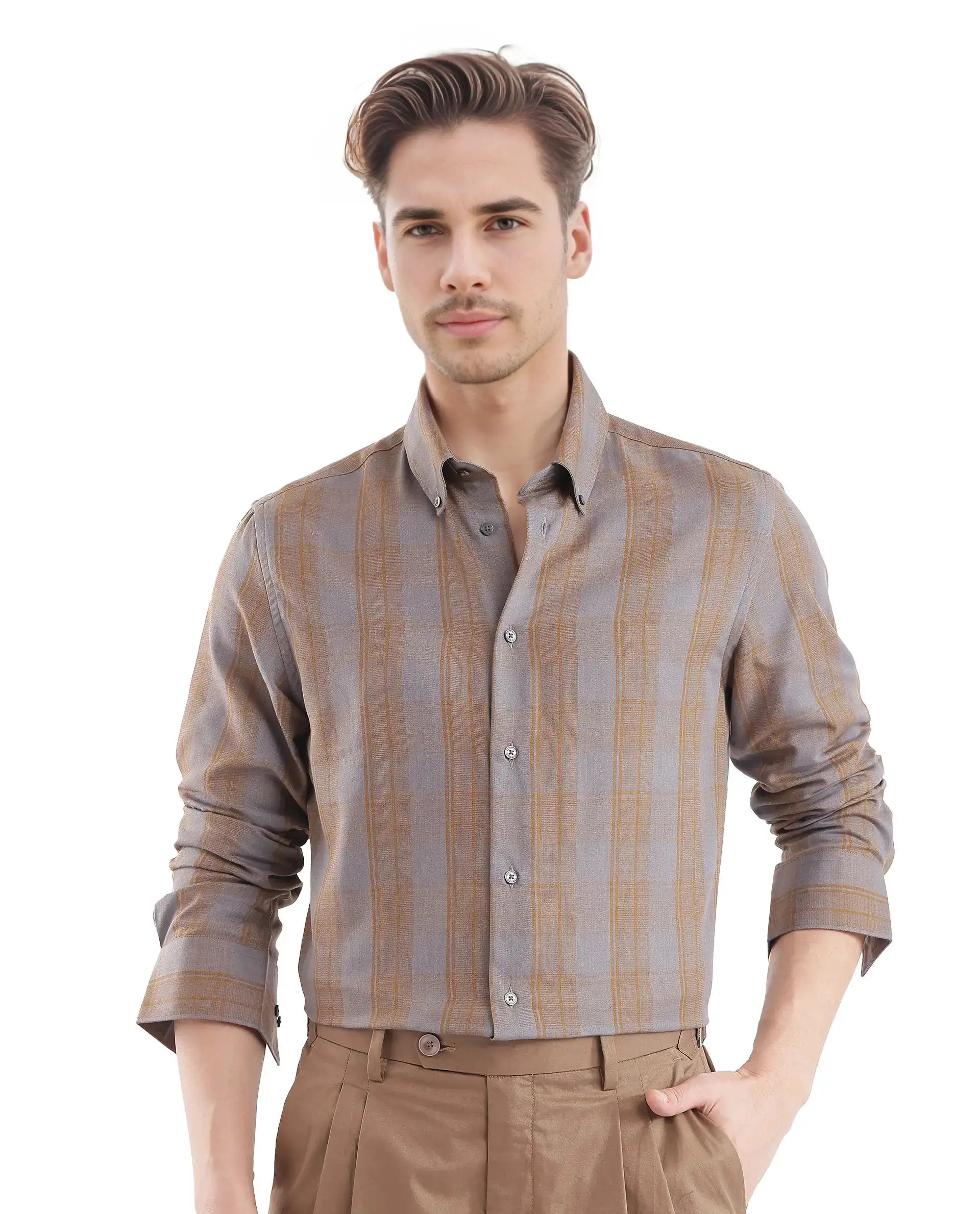 Rare Rabbit Men's Funto Dark Grey Cotton Checked Print Regular Fit Full Sleeve Collared Shirt