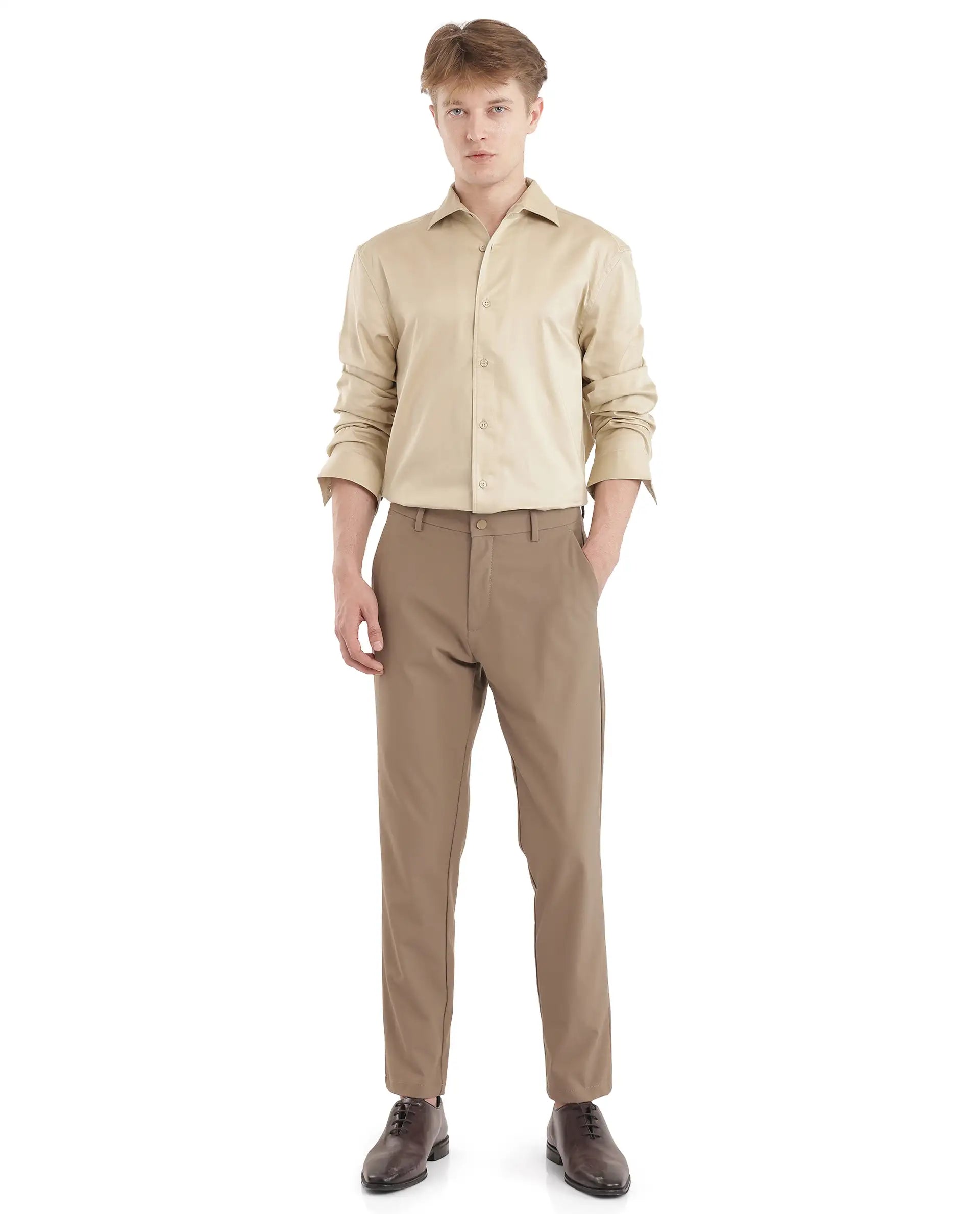 Rare Rabbit Men's Fury Beige Cotton Fabric Full Sleeve Collared Neck Button Closure Relaxed Fit Plain Shirt