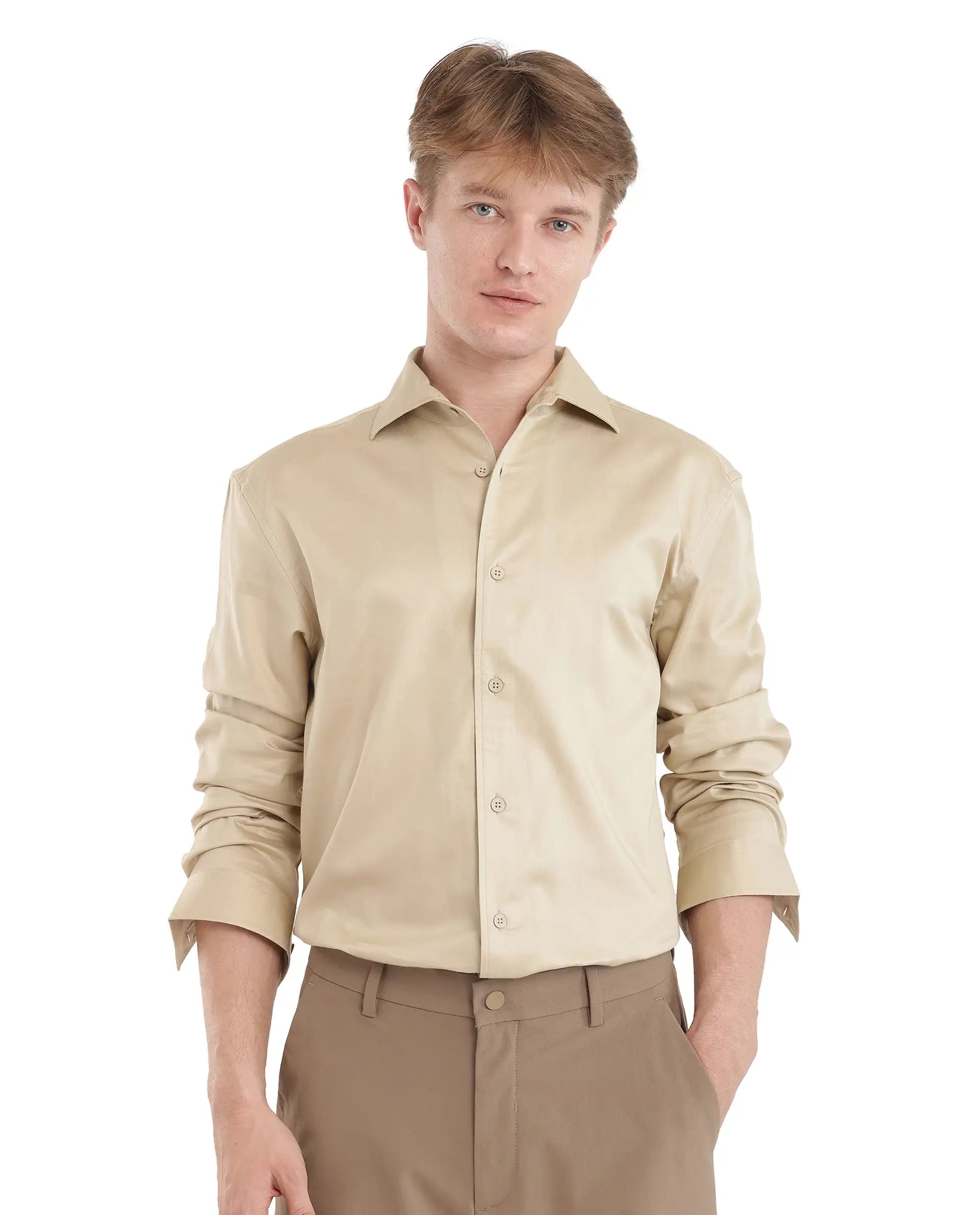 Rare Rabbit Men's Fury Beige Cotton Fabric Full Sleeve Collared Neck Button Closure Relaxed Fit Plain Shirt