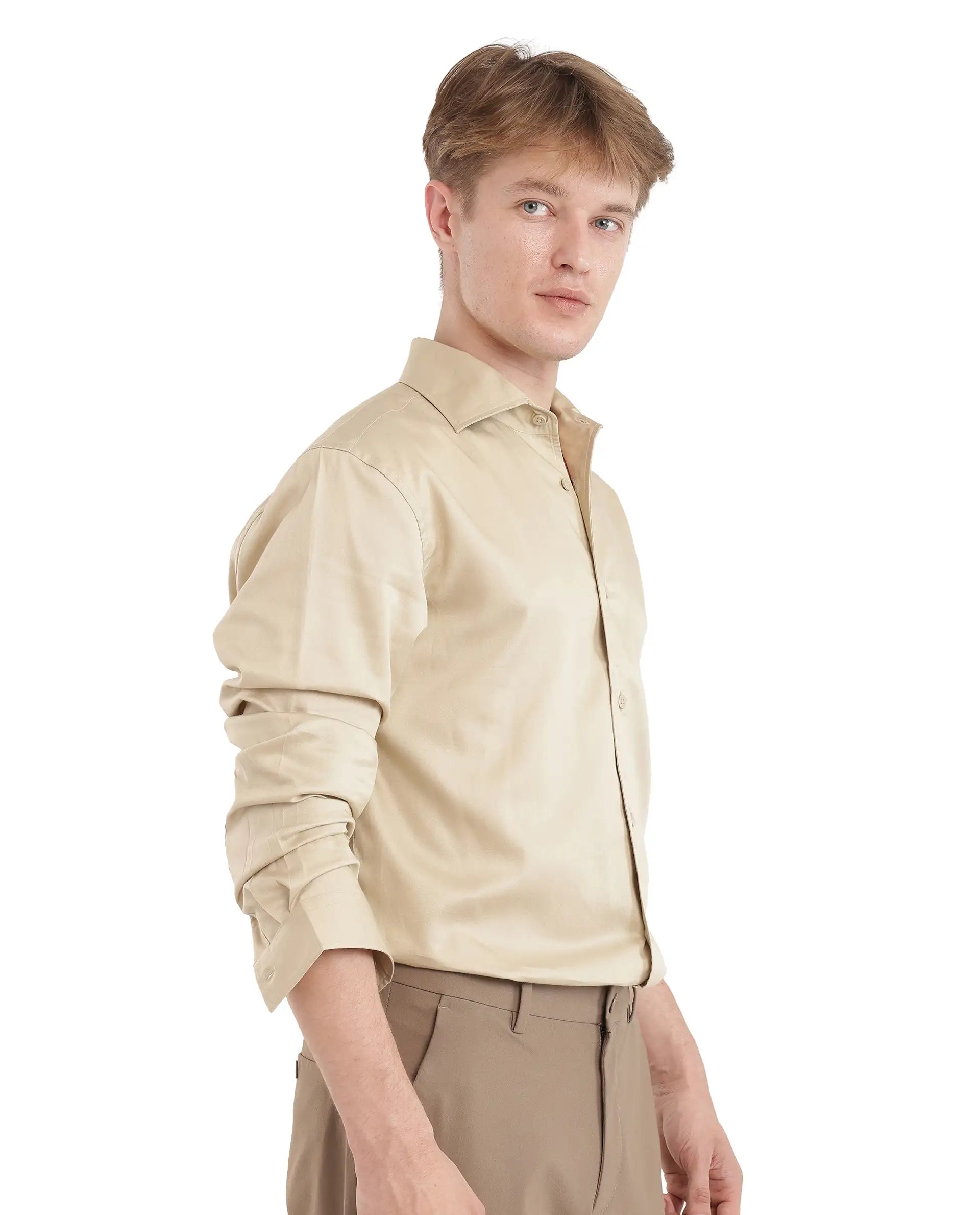 Rare Rabbit Men's Fury Beige Cotton Fabric Full Sleeve Collared Neck Button Closure Relaxed Fit Plain Shirt