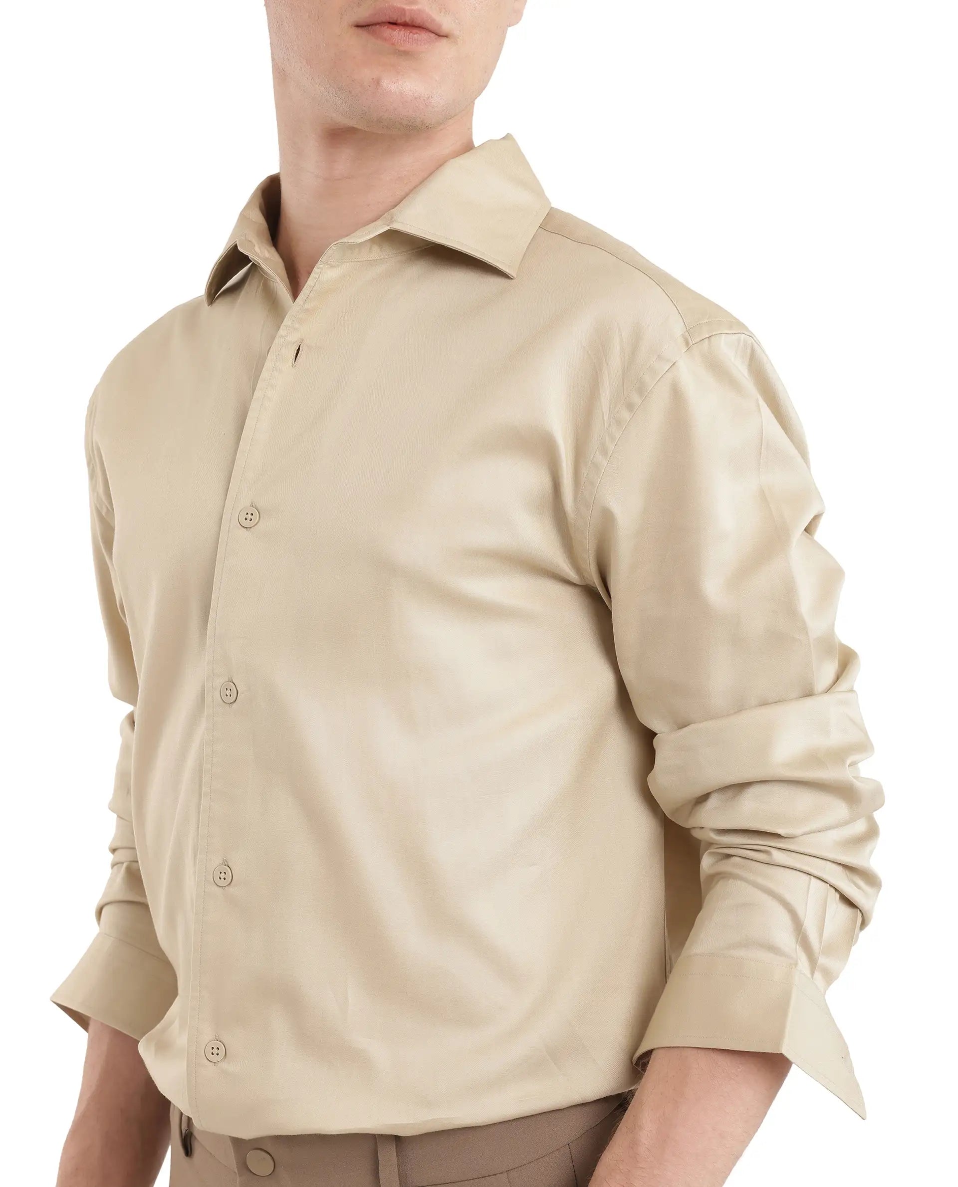 Rare Rabbit Men's Fury Beige Cotton Fabric Full Sleeve Collared Neck Button Closure Relaxed Fit Plain Shirt