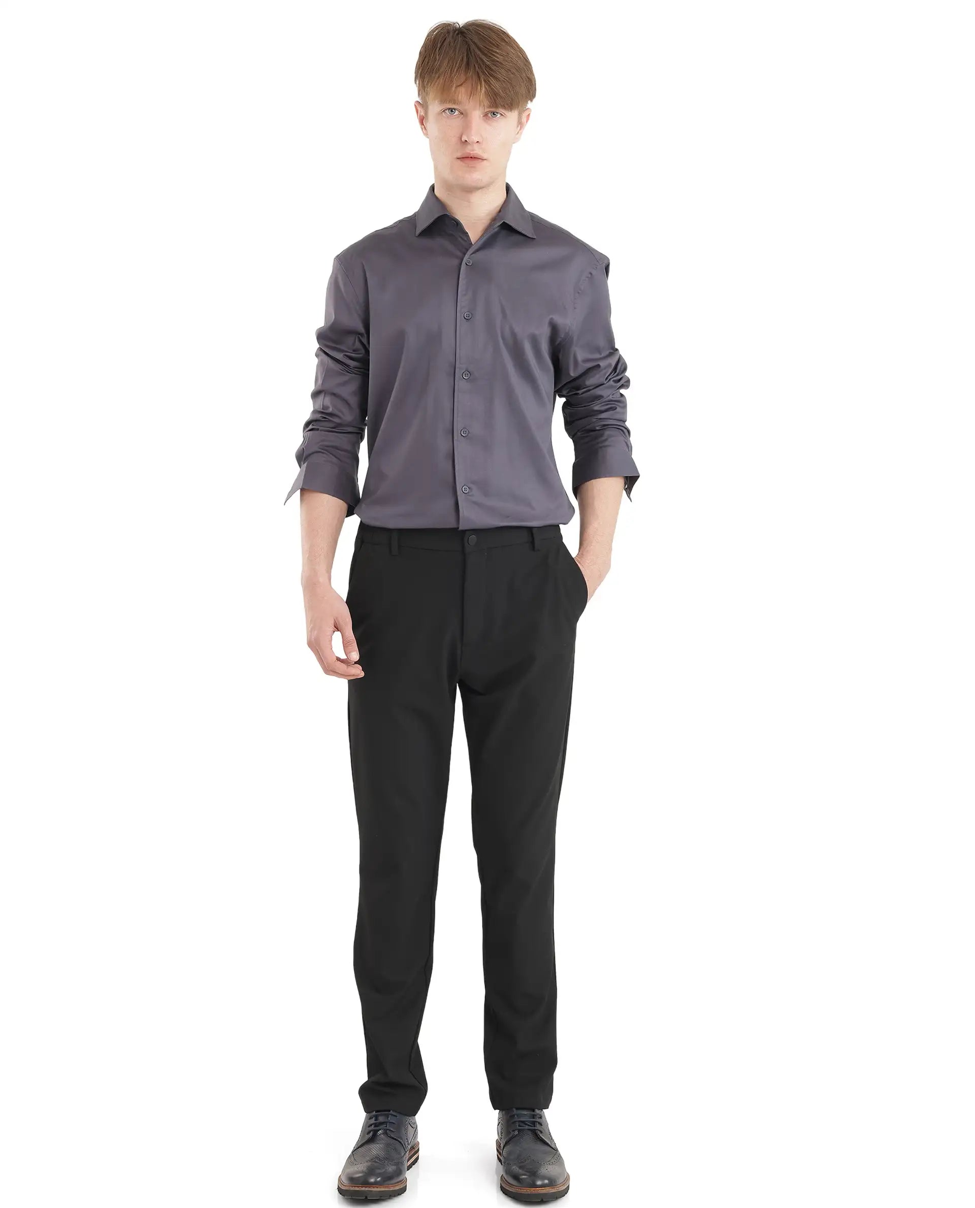 Rare Rabbit Men's Fury Dark Grey Cotton Fabric Full Sleeve Collared Neck Button Closure Relaxed Fit Plain Shirt