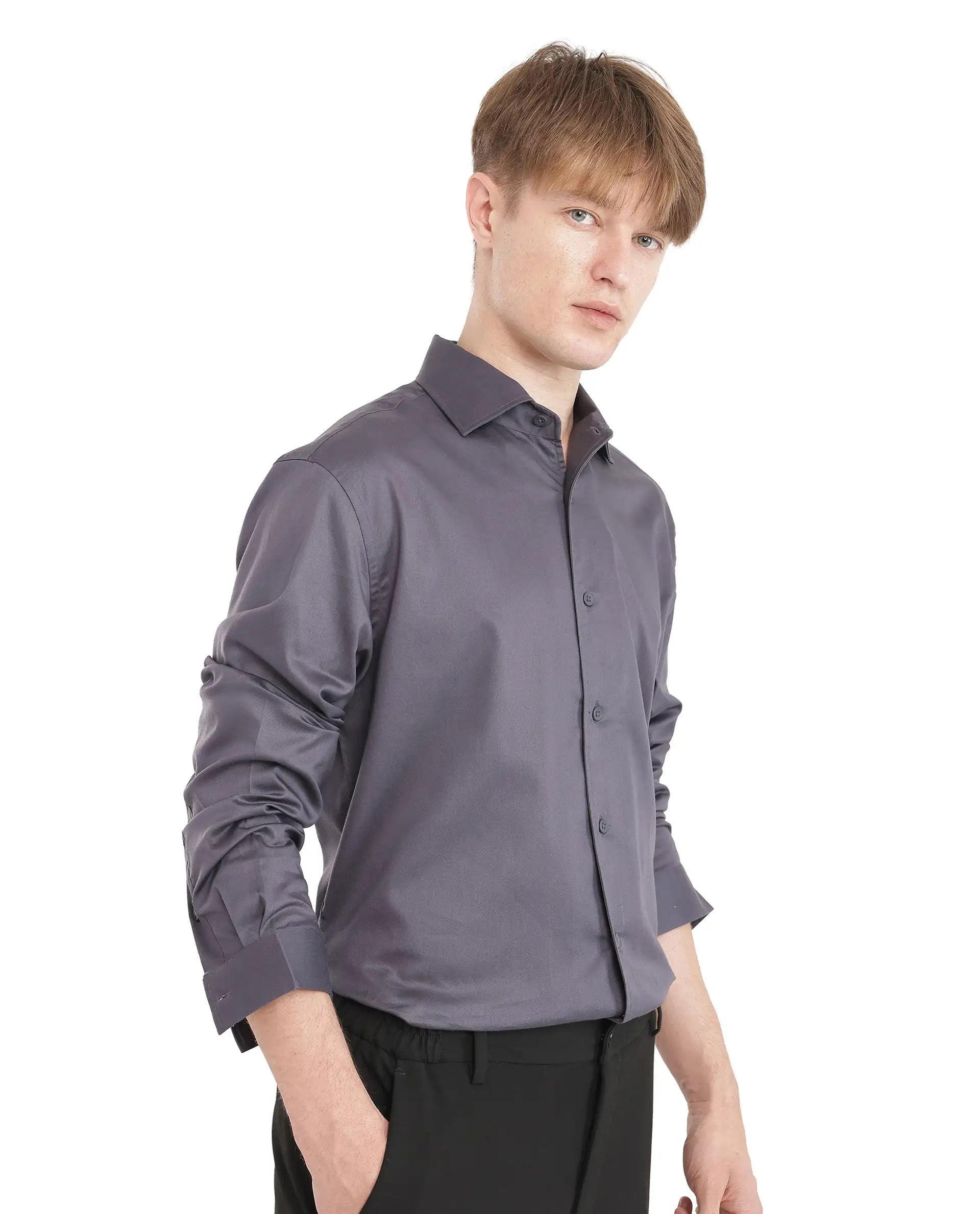 Rare Rabbit Men's Fury Dark Grey Cotton Fabric Full Sleeve Collared Neck Button Closure Relaxed Fit Plain Shirt