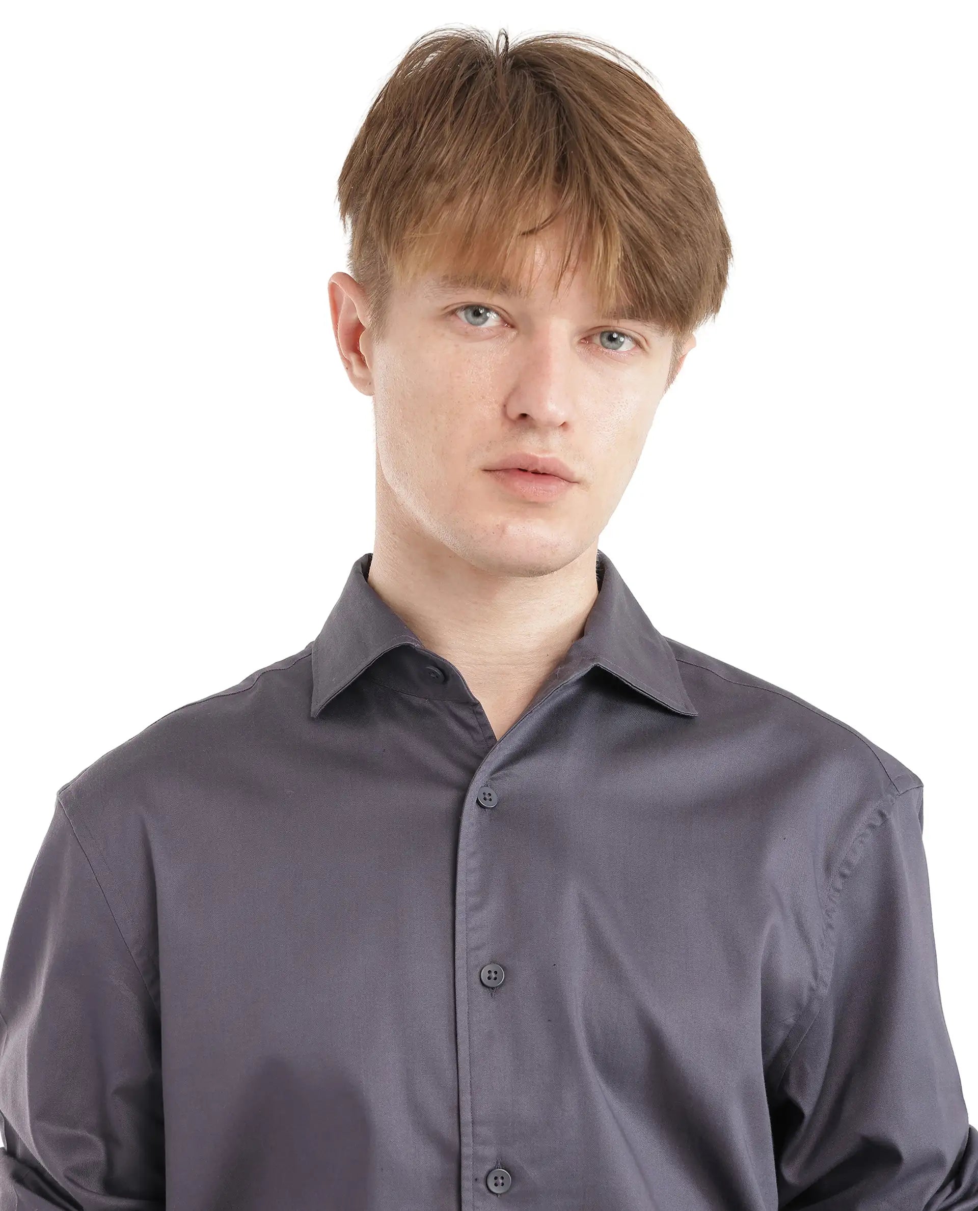 Rare Rabbit Men's Fury Dark Grey Cotton Fabric Full Sleeve Collared Neck Button Closure Relaxed Fit Plain Shirt