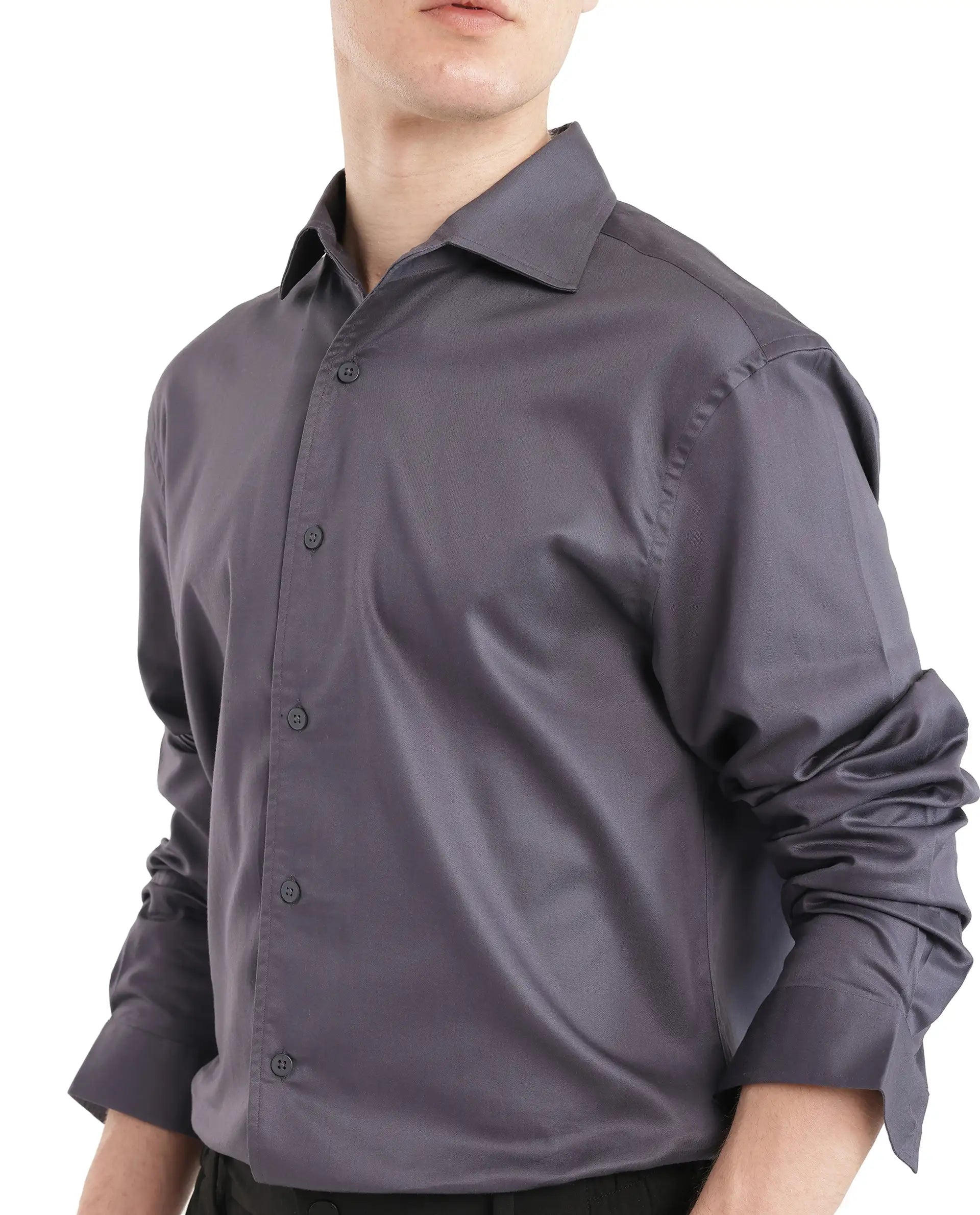 Rare Rabbit Men's Fury Dark Grey Cotton Fabric Full Sleeve Collared Neck Button Closure Relaxed Fit Plain Shirt