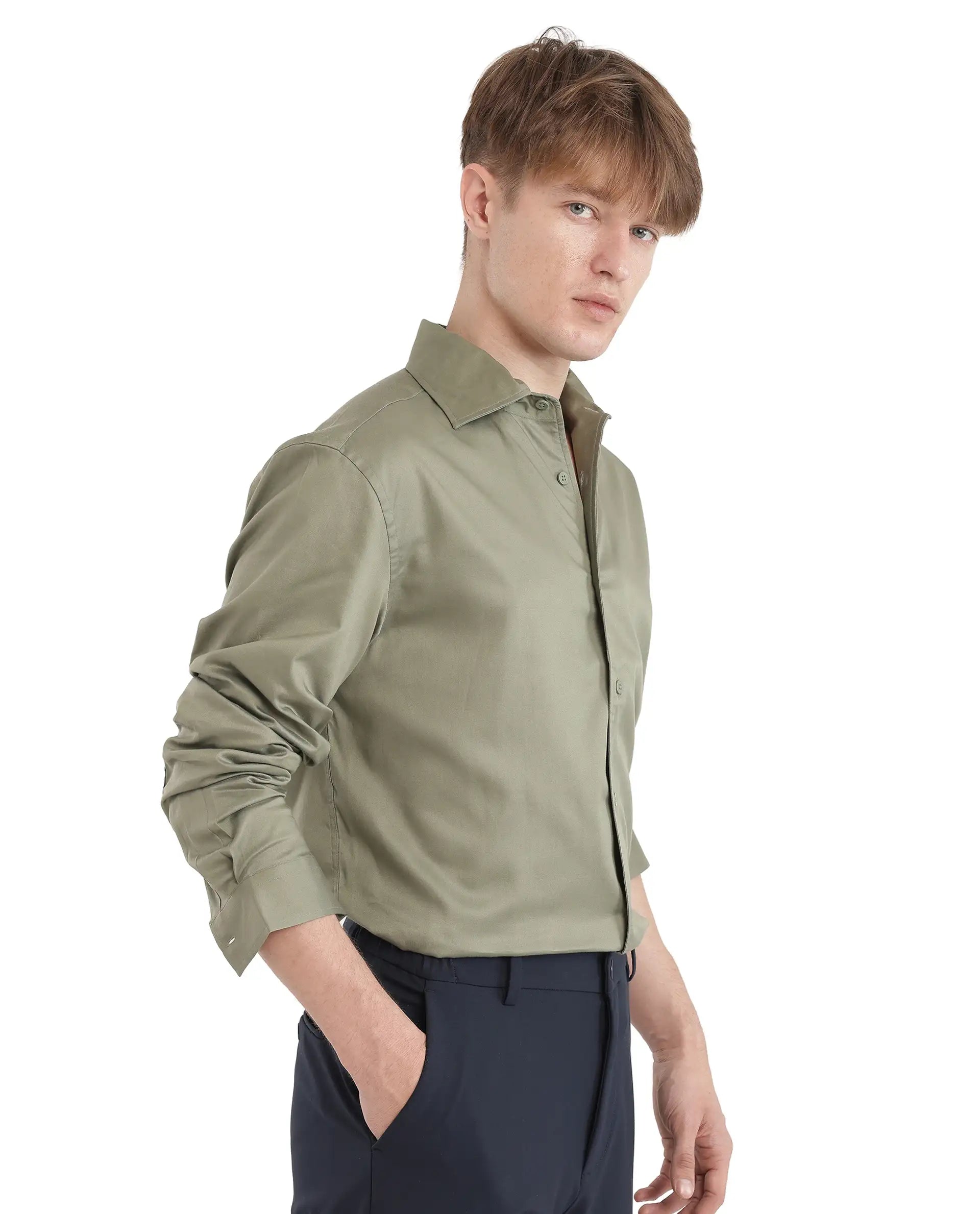 Rare Rabbit Men's Fury Dusky Green Cotton Fabric Full Sleeve Collared Neck Button Closure Relaxed Fit Plain Shirt