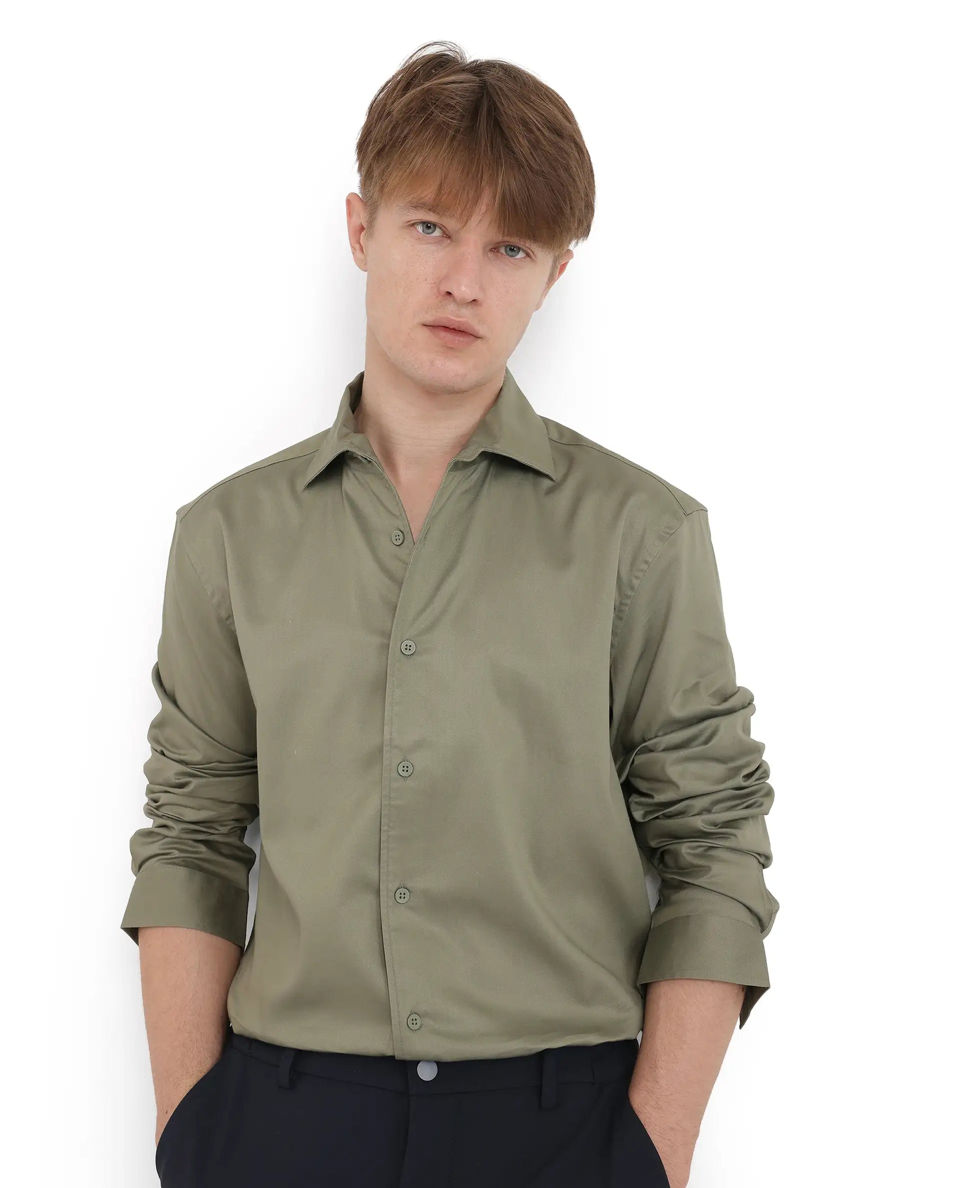 Rare Rabbit Men's Fury Dusky Green Cotton Fabric Full Sleeve Collared Neck Button Closure Relaxed Fit Plain Shirt