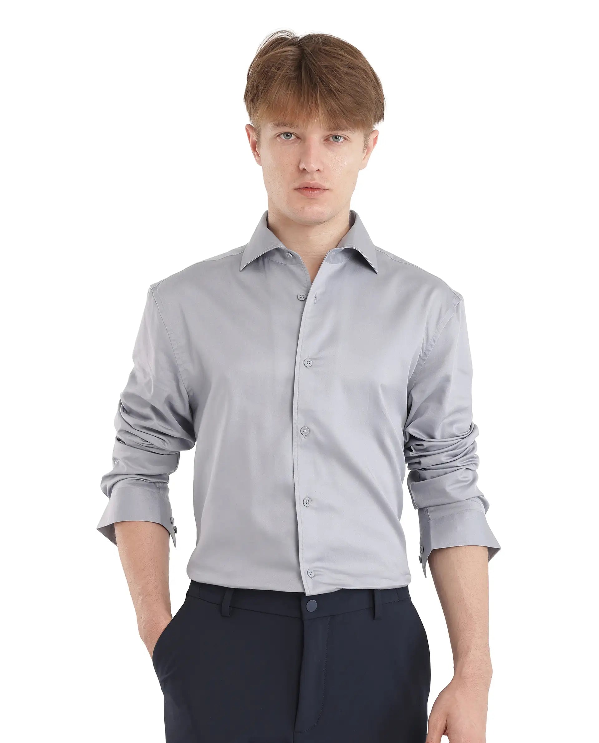 Rare Rabbit Men's Fury Light Blue Cotton Fabric Full Sleeve Collared Neck Button Closure Relaxed Fit Plain Shirt