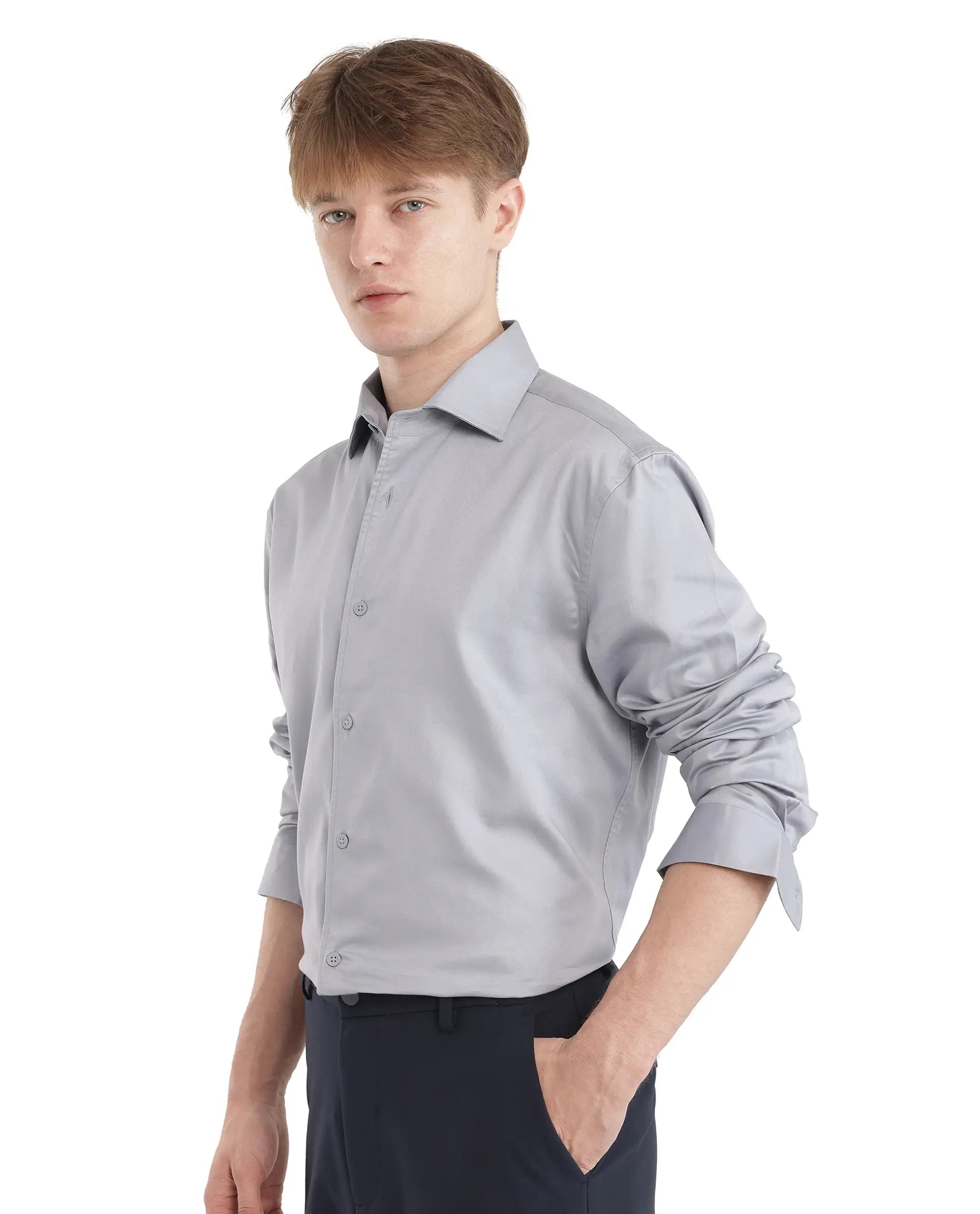 Rare Rabbit Men's Fury Light Blue Cotton Fabric Full Sleeve Collared Neck Button Closure Relaxed Fit Plain Shirt