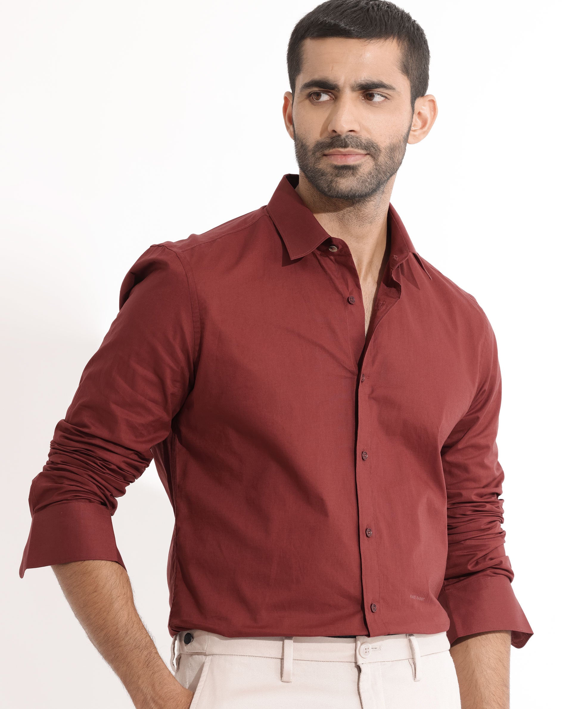 Rare Rabbit Men's Fullslee Maroon Cotton Fabric Full Sleeves Solid Shirt
