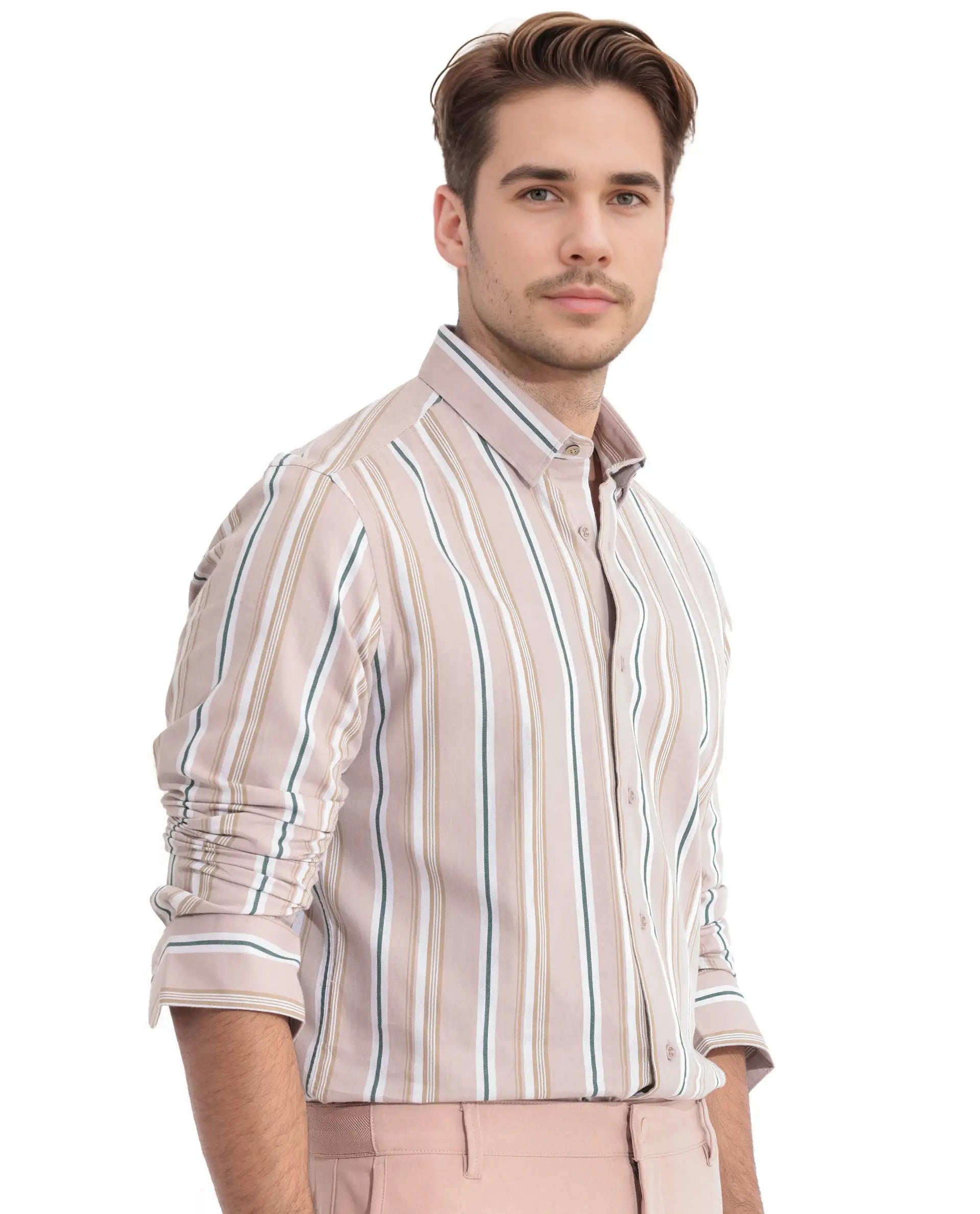 Rare Rabbit Men's Fushion Dusky Pink Cotton Striped Print Regular Fit Full Sleeve Collared Shirt