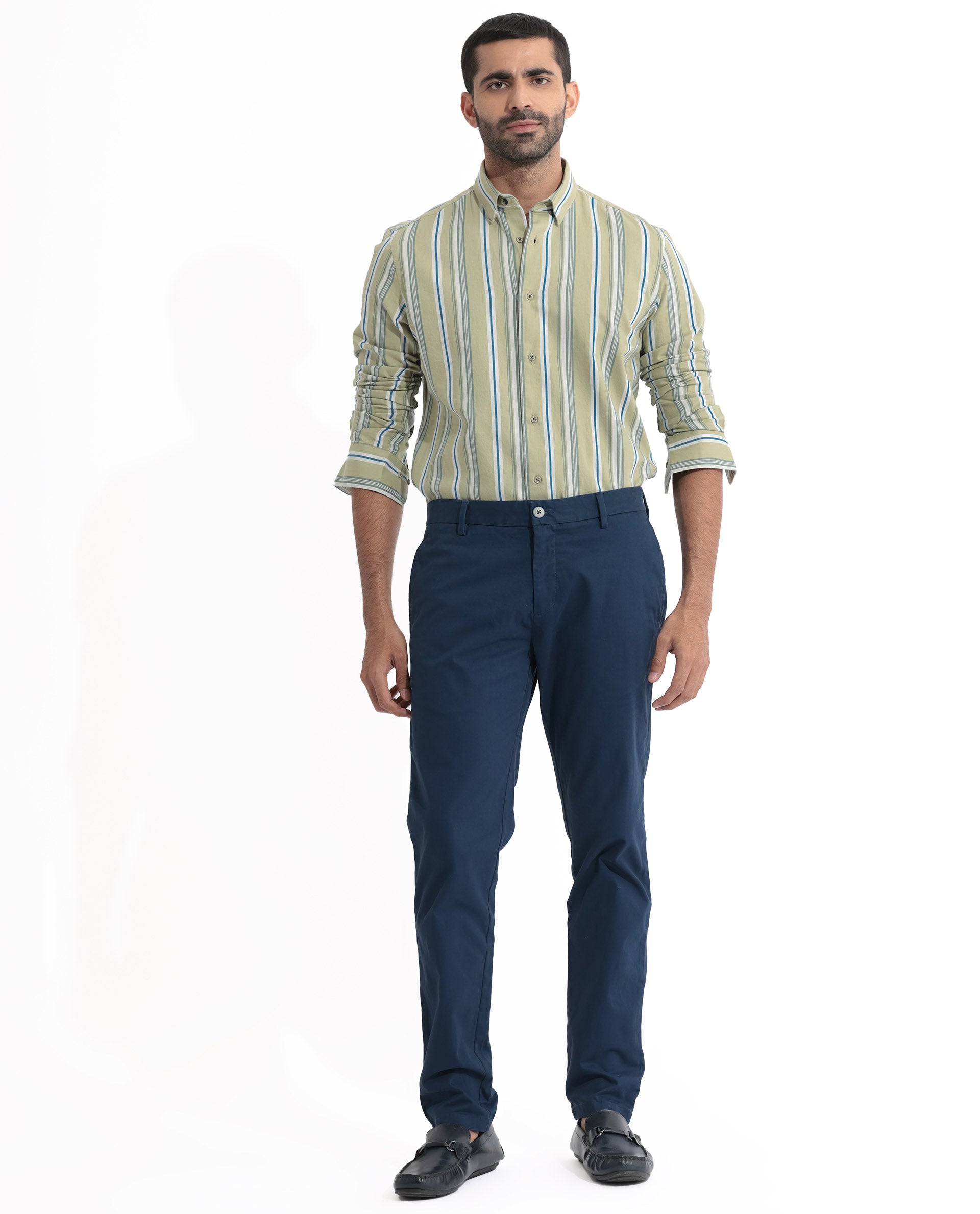 Rare Rabbit Men's Fushion Dusky Green Cotton Fabric Full Sleeves Striped Shirt