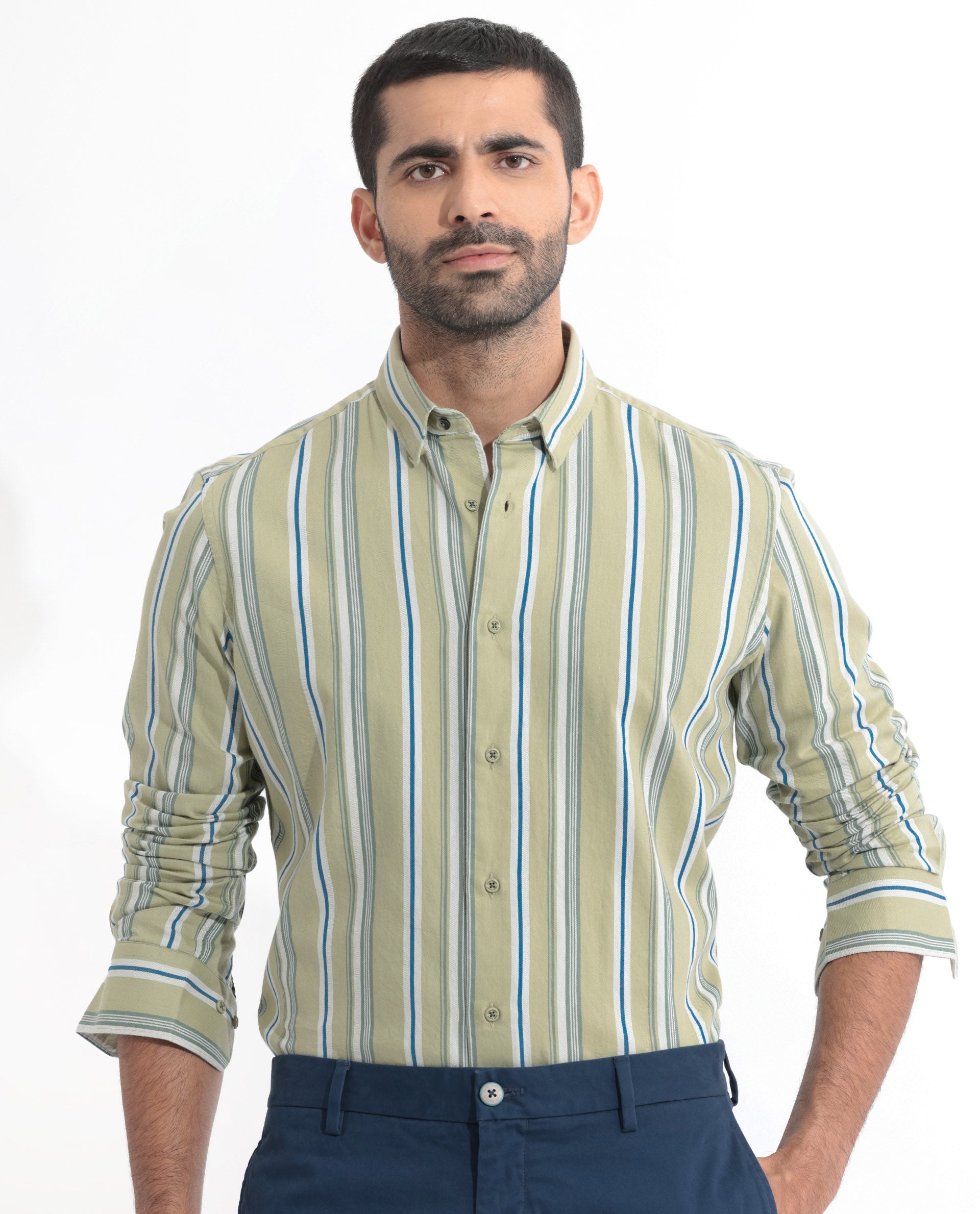 Rare Rabbit Men's Fushion Dusky Green Cotton Fabric Full Sleeves Striped Shirt