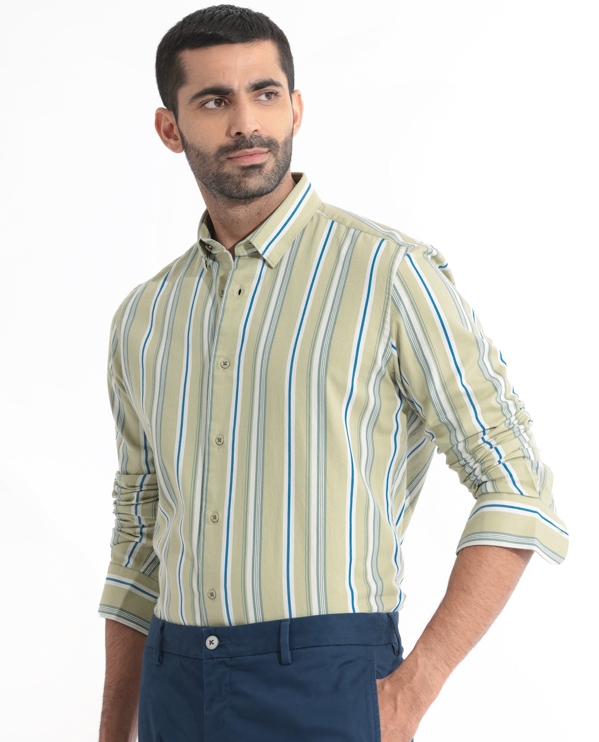 Rare Rabbit Men's Fushion Dusky Green Cotton Fabric Full Sleeves Striped Shirt