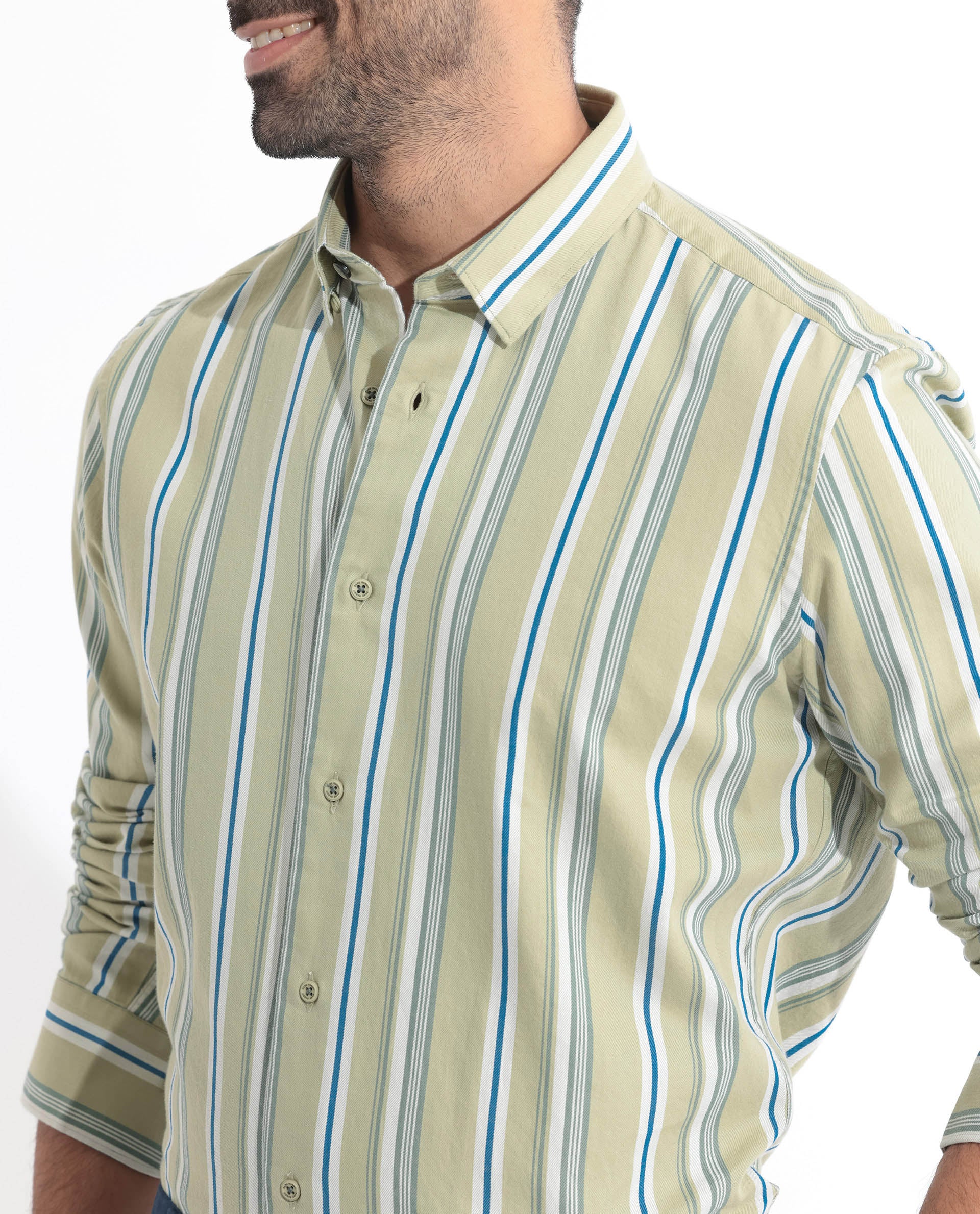 Rare Rabbit Men's Fushion Dusky Green Cotton Fabric Full Sleeves Striped Shirt