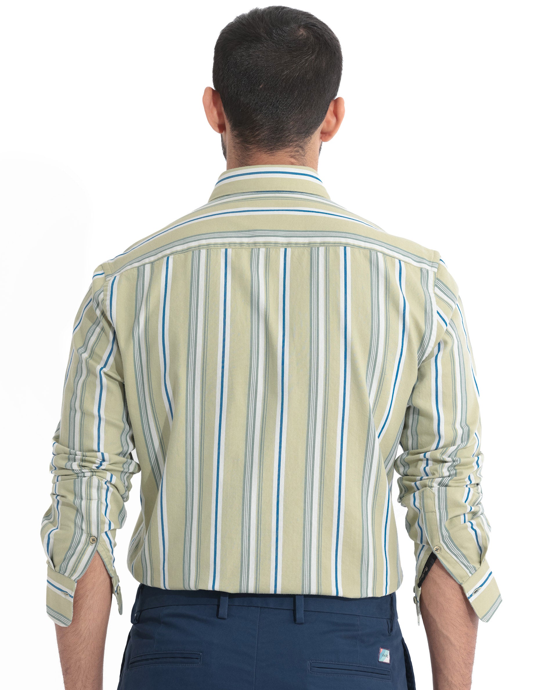 Rare Rabbit Men's Fushion Dusky Green Cotton Fabric Full Sleeves Striped Shirt