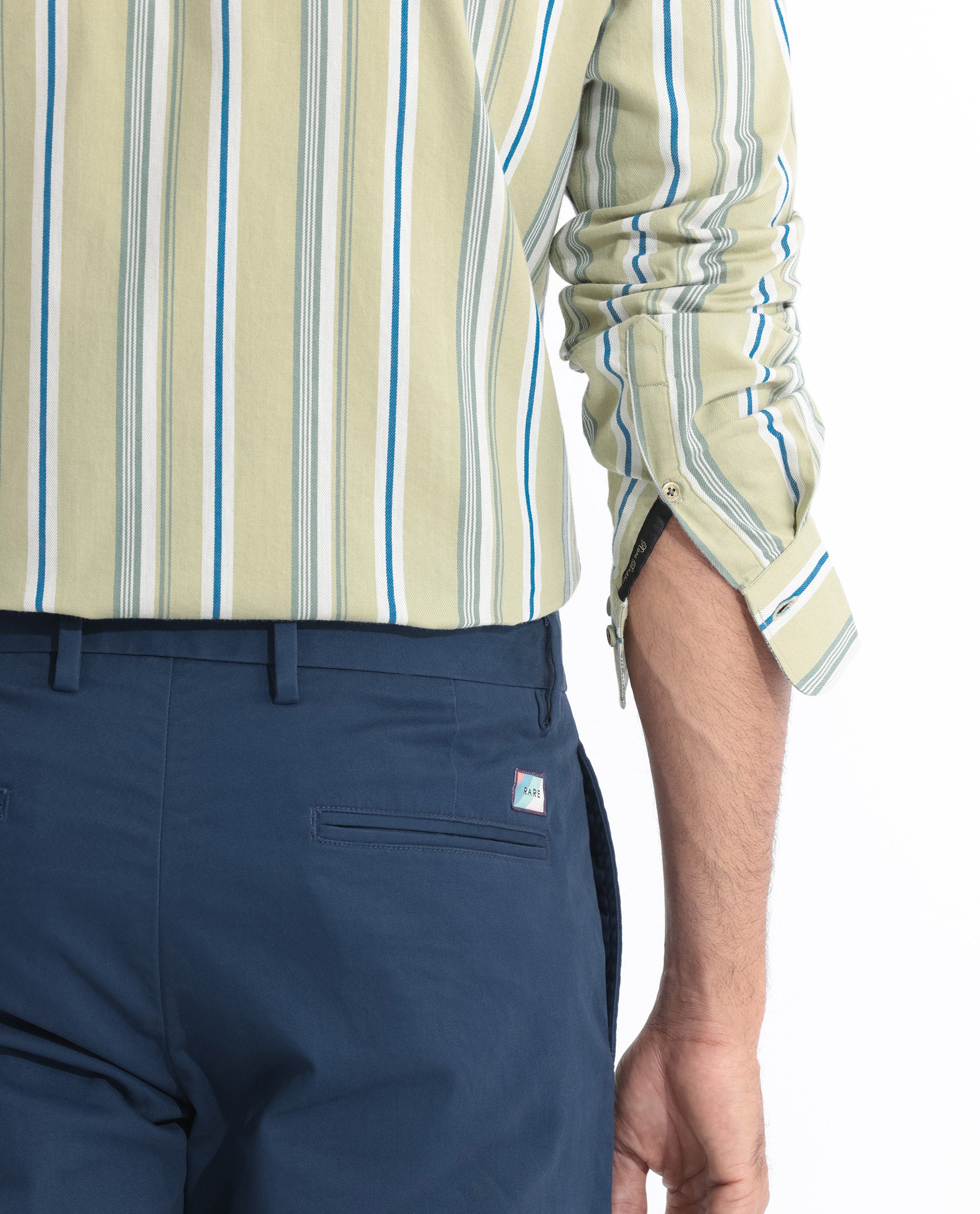 Rare Rabbit Men's Fushion Dusky Green Cotton Fabric Full Sleeves Striped Shirt