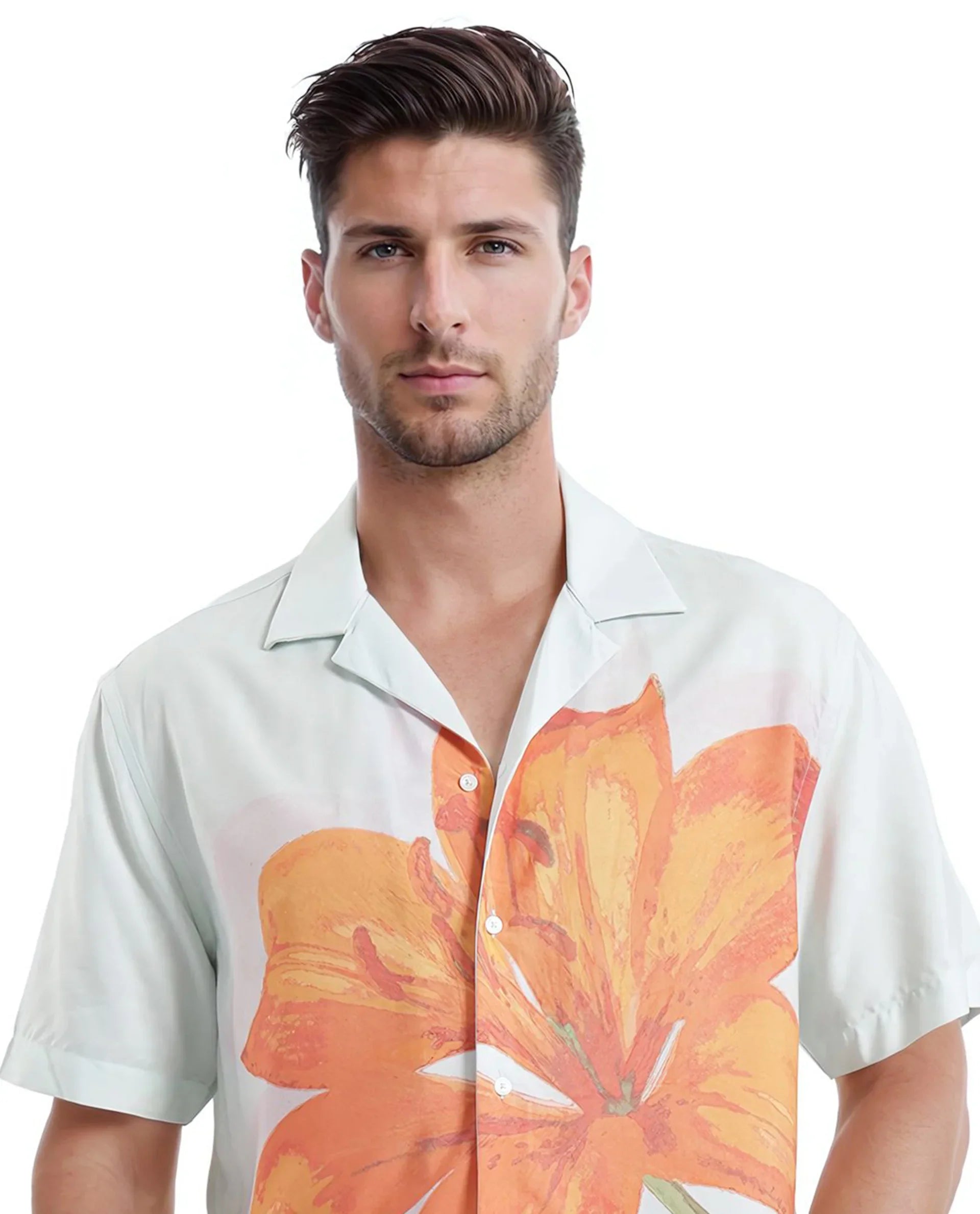 Rare Rabbit Men's Gacrux Pastel Green Cotton Fabric Short Sleeve Cuban Collared Button Closure Floral Placement Print Shirt