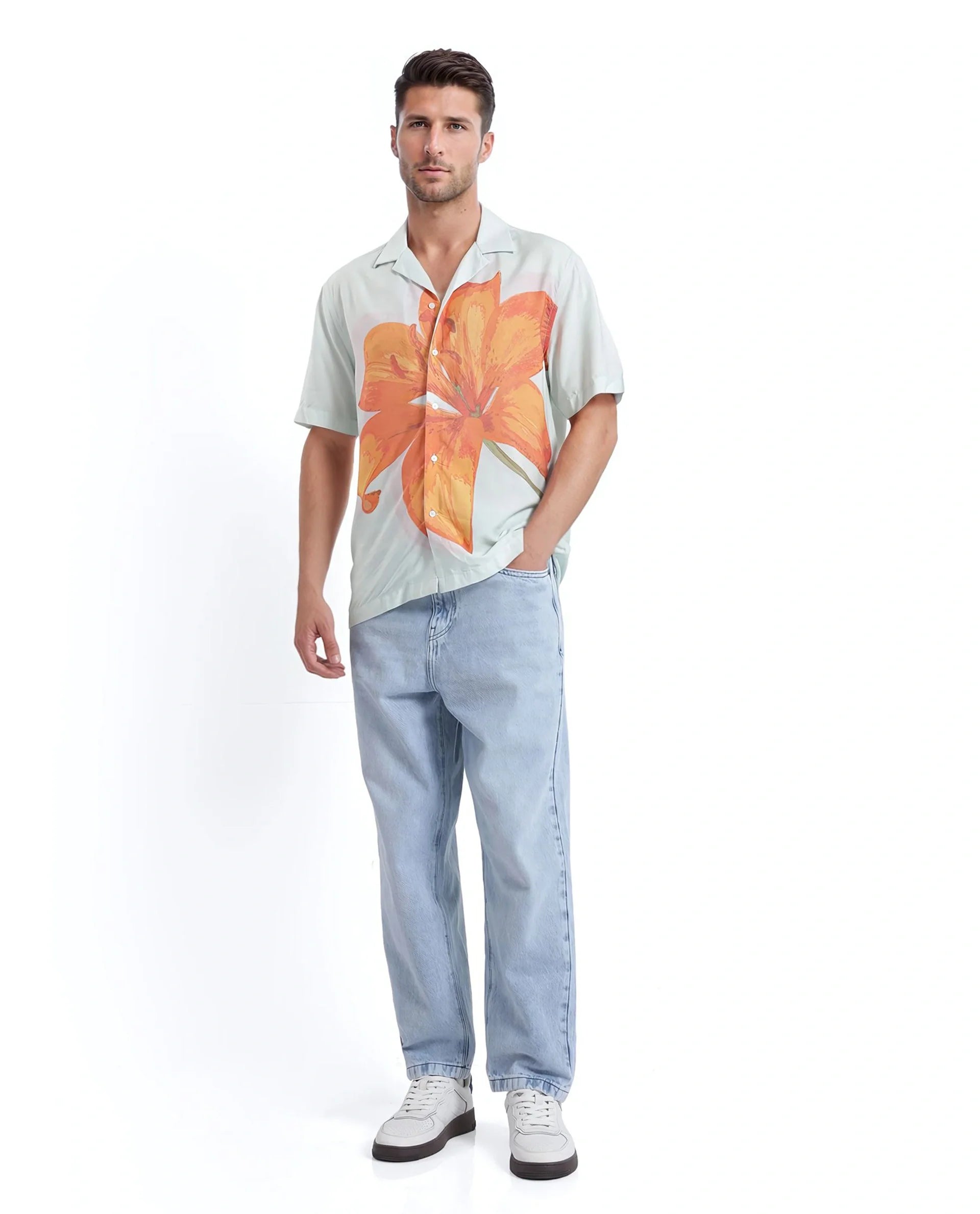 Rare Rabbit Men's Gacrux Pastel Green Cotton Fabric Short Sleeve Cuban Collared Button Closure Floral Placement Print Shirt